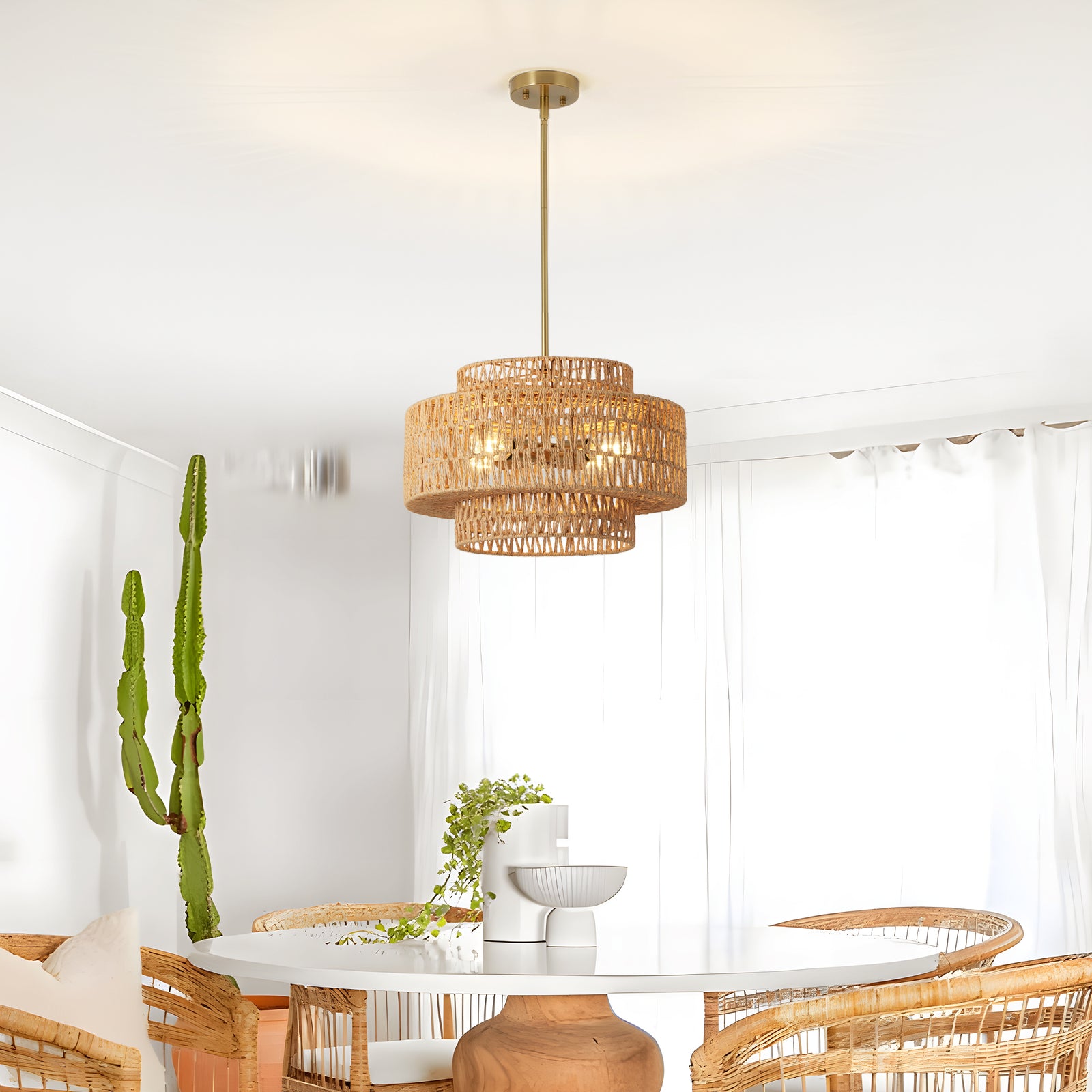17.7-Inch Brown Rattan 4-Light Chandelier — Restaurant Dining — view 10