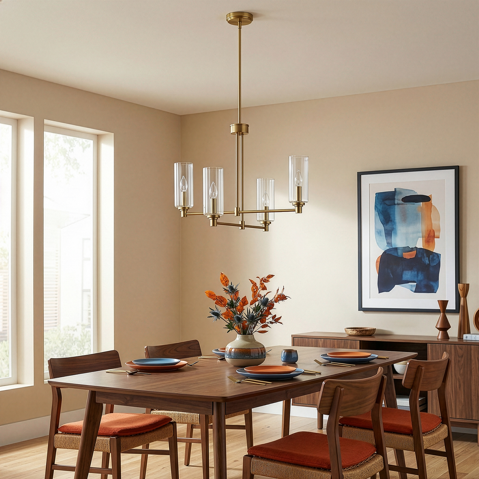 Satin Brass 4-Light Ribbed Glass Chandelier for Restaurant Dining Tables — view 3