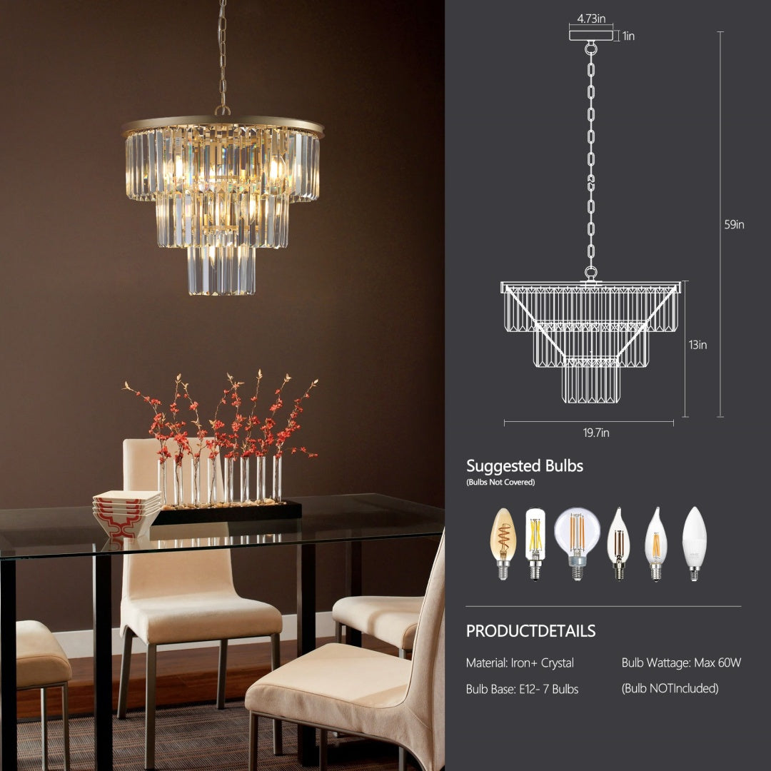 7-Light Gold 3-Tier Crystal Chandelier for Restaurant Dining Rooms — view 9
