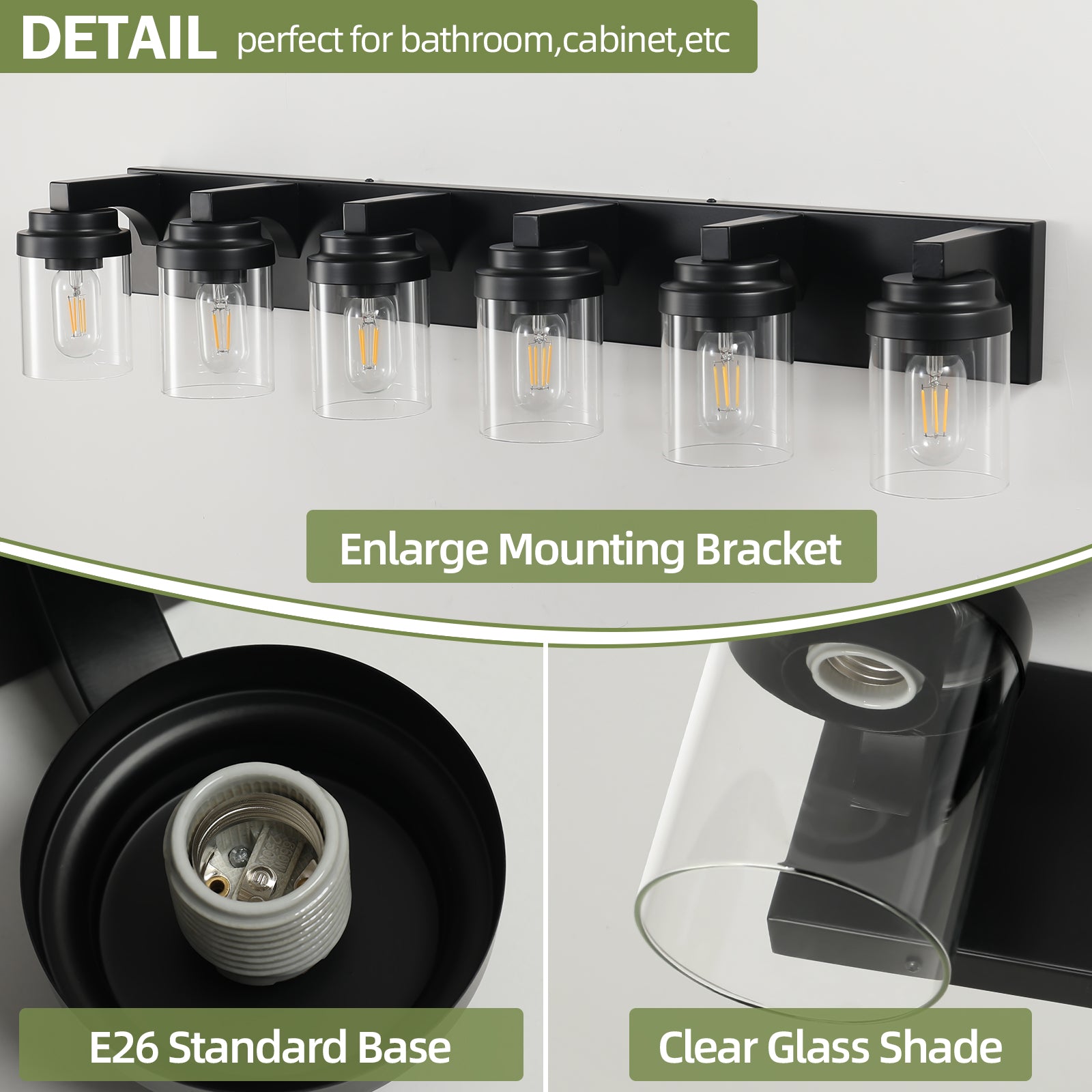 Black 6-Light Clear-Glass Vanity Light — Restaurant Washroom — view 2