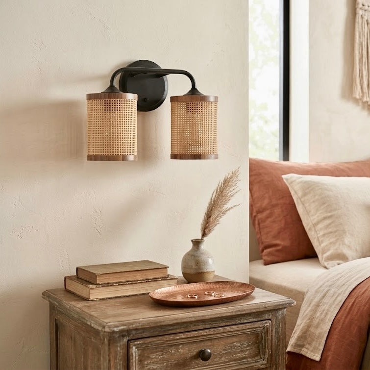 Black Rattan Double-Light Wall Sconce for Restaurant Dining Areas — view 5