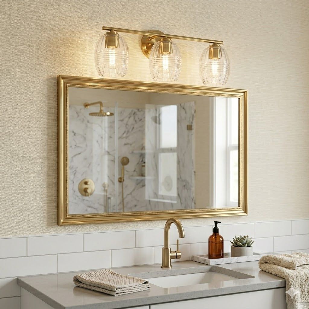 Satin Brass 3-Light Clear Glass Vanity Wall Lamp for Restaurant Restrooms — view 3