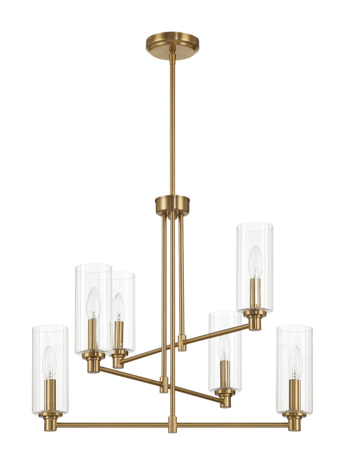 Satin Brass 6-Light Ribbed Glass Chandelier for Restaurant Dining Rooms — view 4