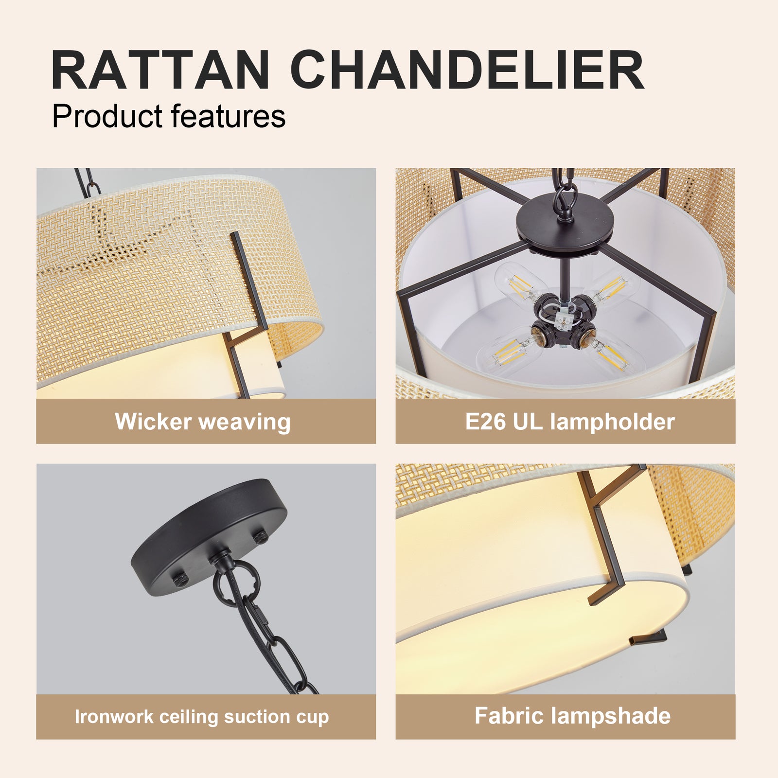 4-Light Hand-Woven Rattan Drum Chandelier with Fabric Shade for Restaurant Dining Areas — view 5