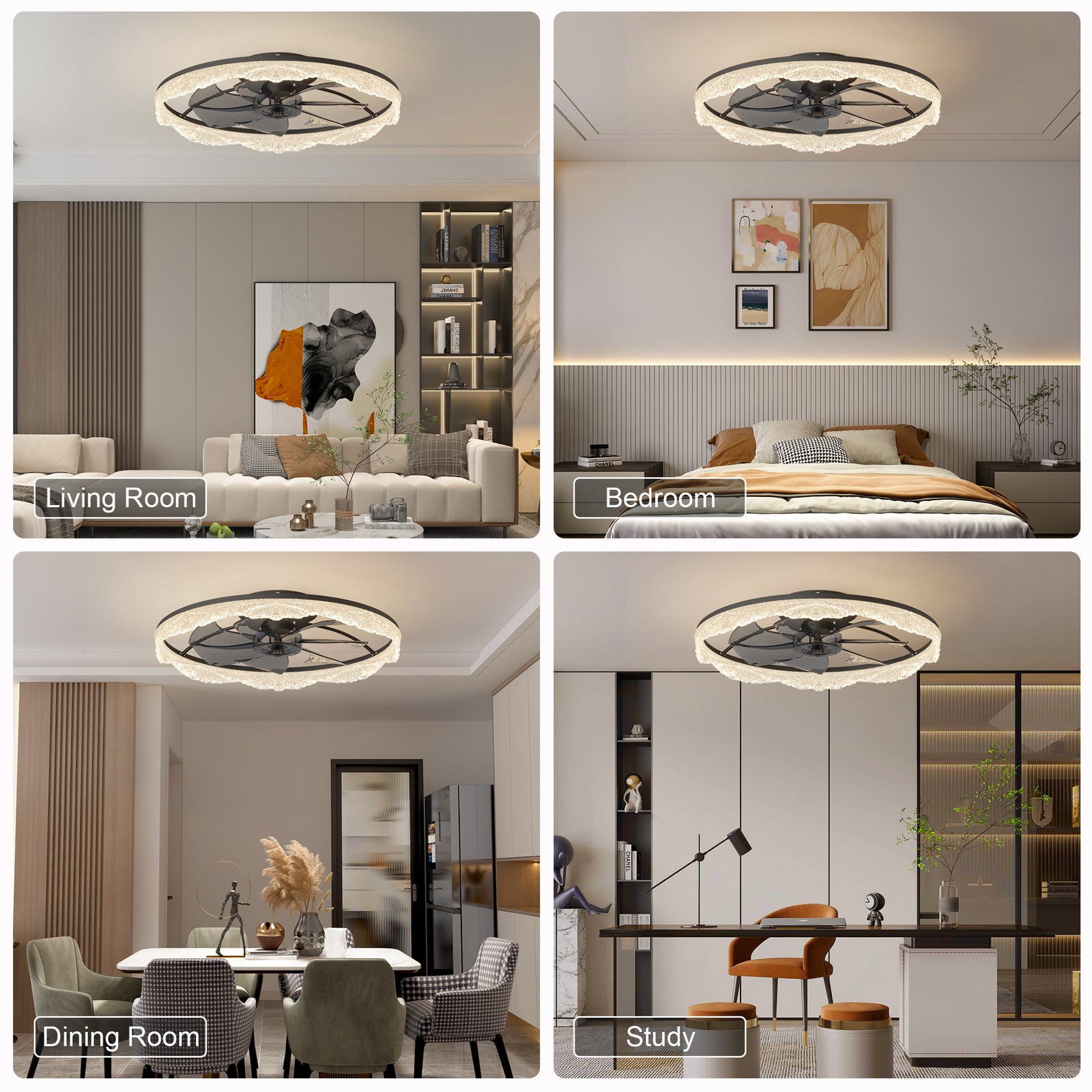 Black 24-Inch Flush Ceiling Fan Light — Quiet Restaurant Dining — view 8