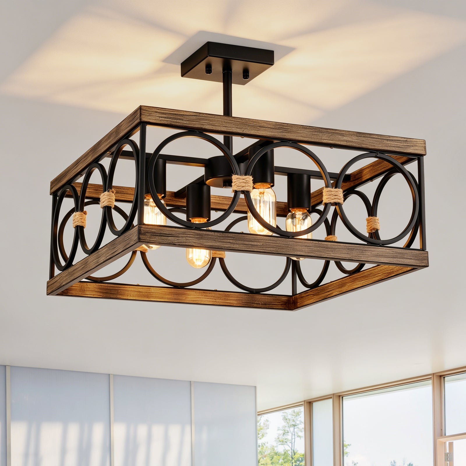 Wood and Black Metal 4-Light Square Ceiling Fixture for Restaurant Islands — view 3