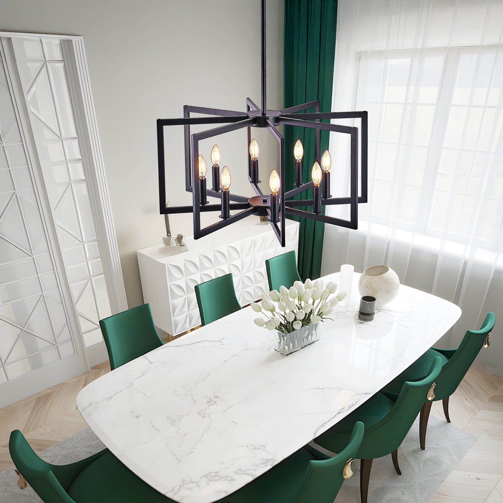 Eight-Light Black Geometric Metal Chandelier for Restaurant Dining Tables, Lounge Seating, and Statement Interior Illumination — view 7