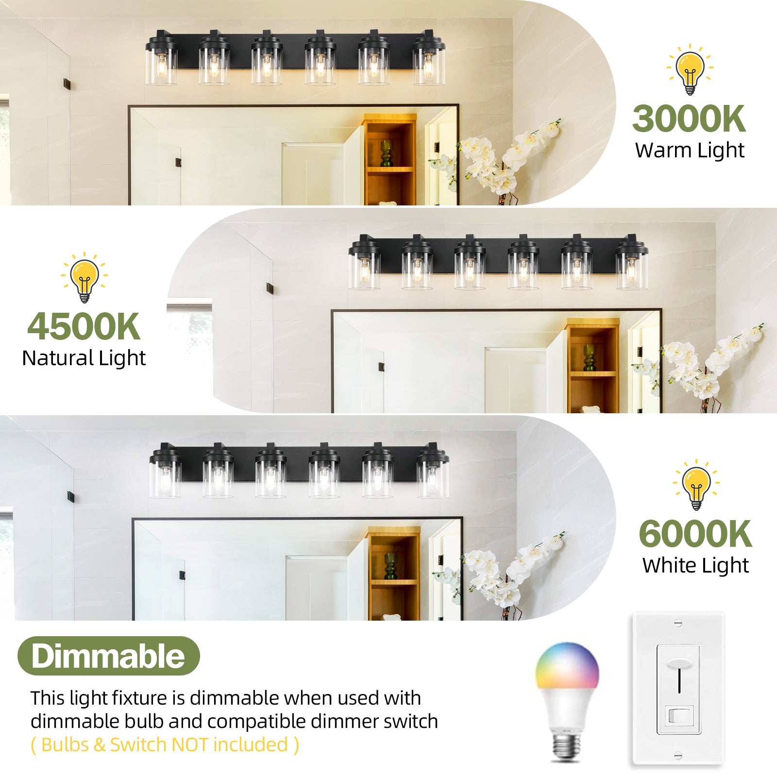 Black 6-Light Clear-Glass Vanity Light — Restaurant Washroom — view 4