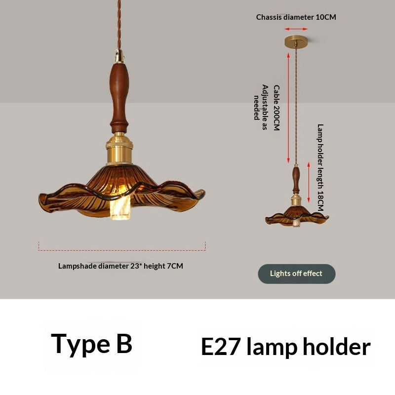 Nordic Retro Restaurant Chandelier Walnut Wood French Brass Glass Pendant Light — view 5
