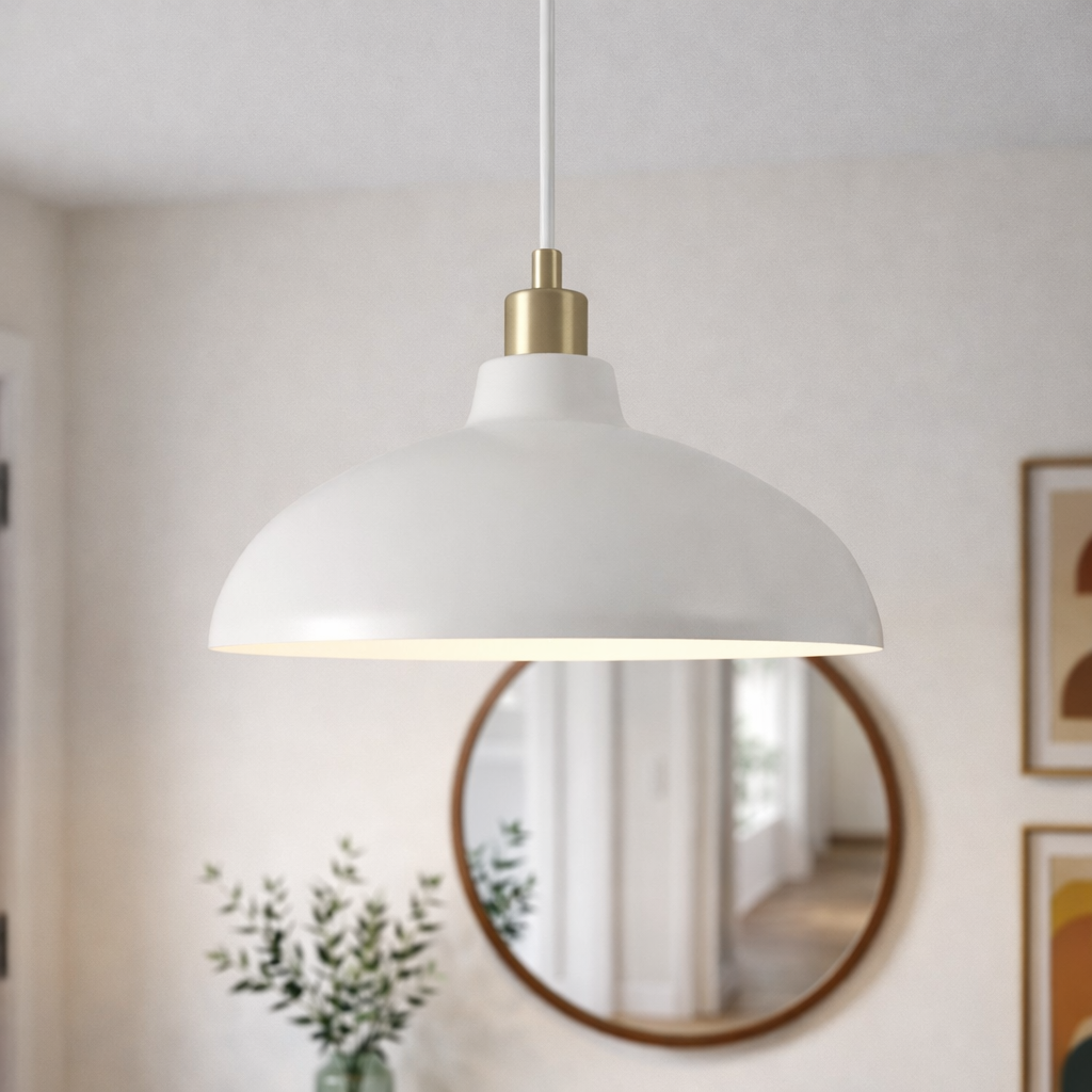 White Glass and Brushed Brass Pendant for Restaurant Entrances and Islands — view 1