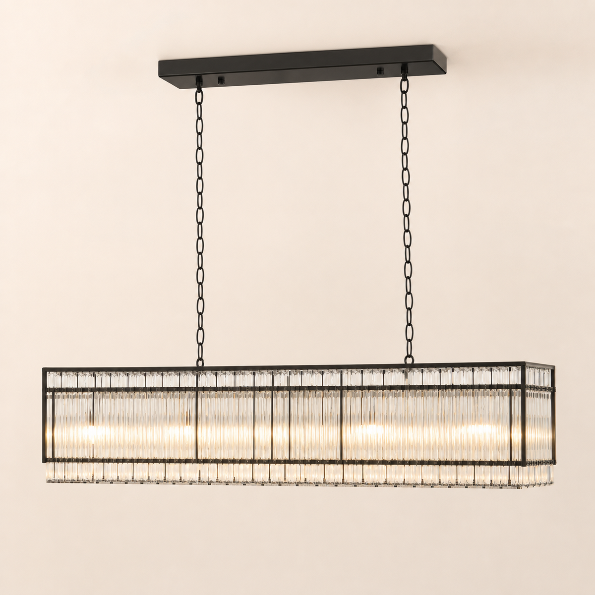 Resto Glow AI product image 2026-08-03 — clean background — 10-Light Black Rectangular Crystal Chandelier — Restaurant Dining