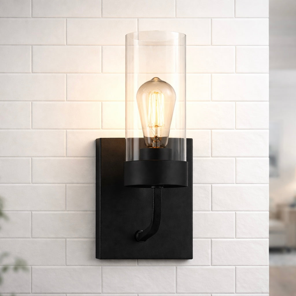 Black Metal + Clear Glass Wall Sconce — Restaurant Corridor Light — view 1