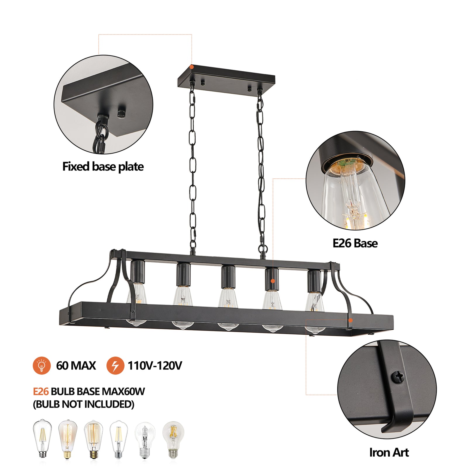 Matte Black 5-Light Linear Pendant — Restaurant Dining Room — view 7