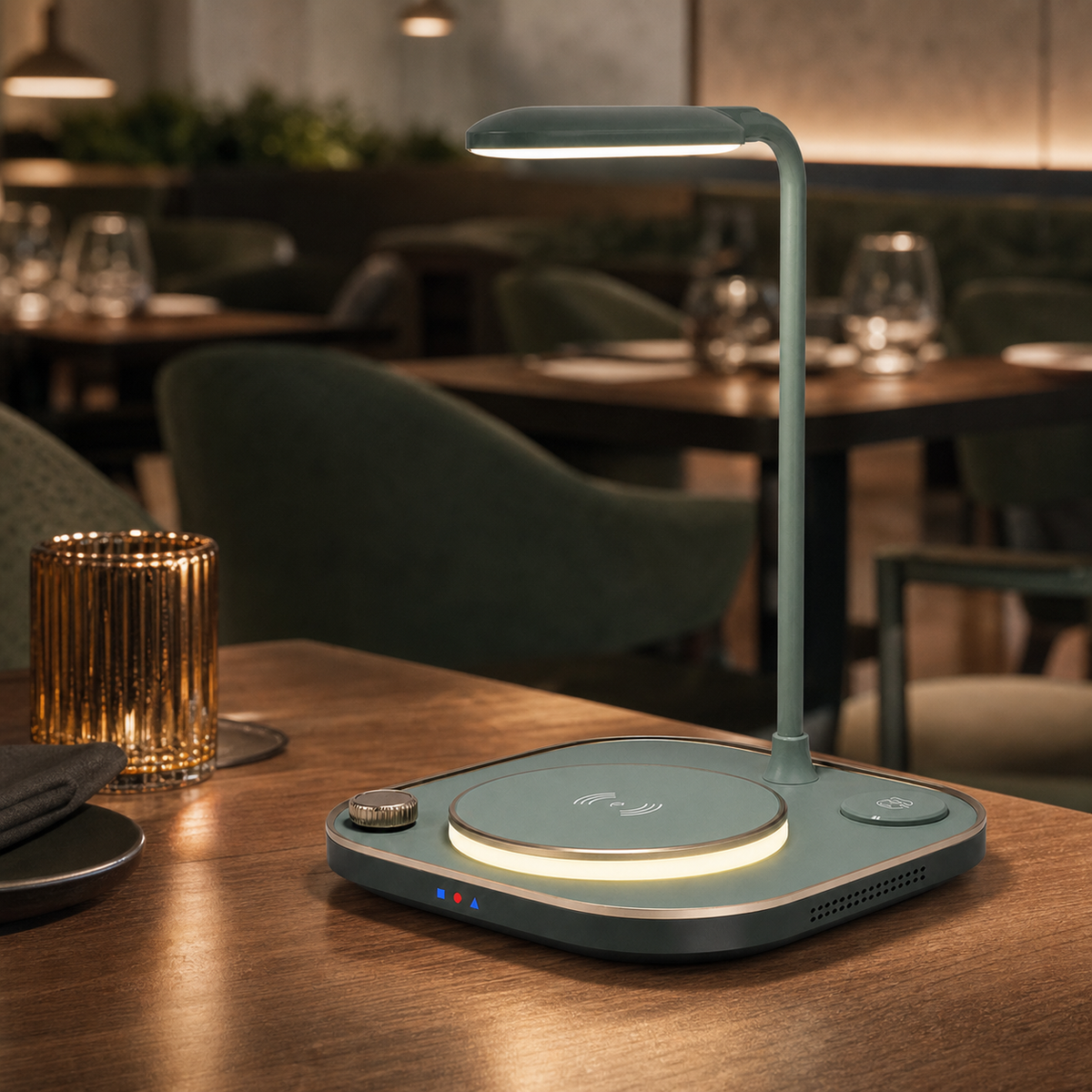 Resto Glow AI product image 2026-08-03 — restaurant view — 15W Wireless Charging Desk Lamp for Restaurant Tables