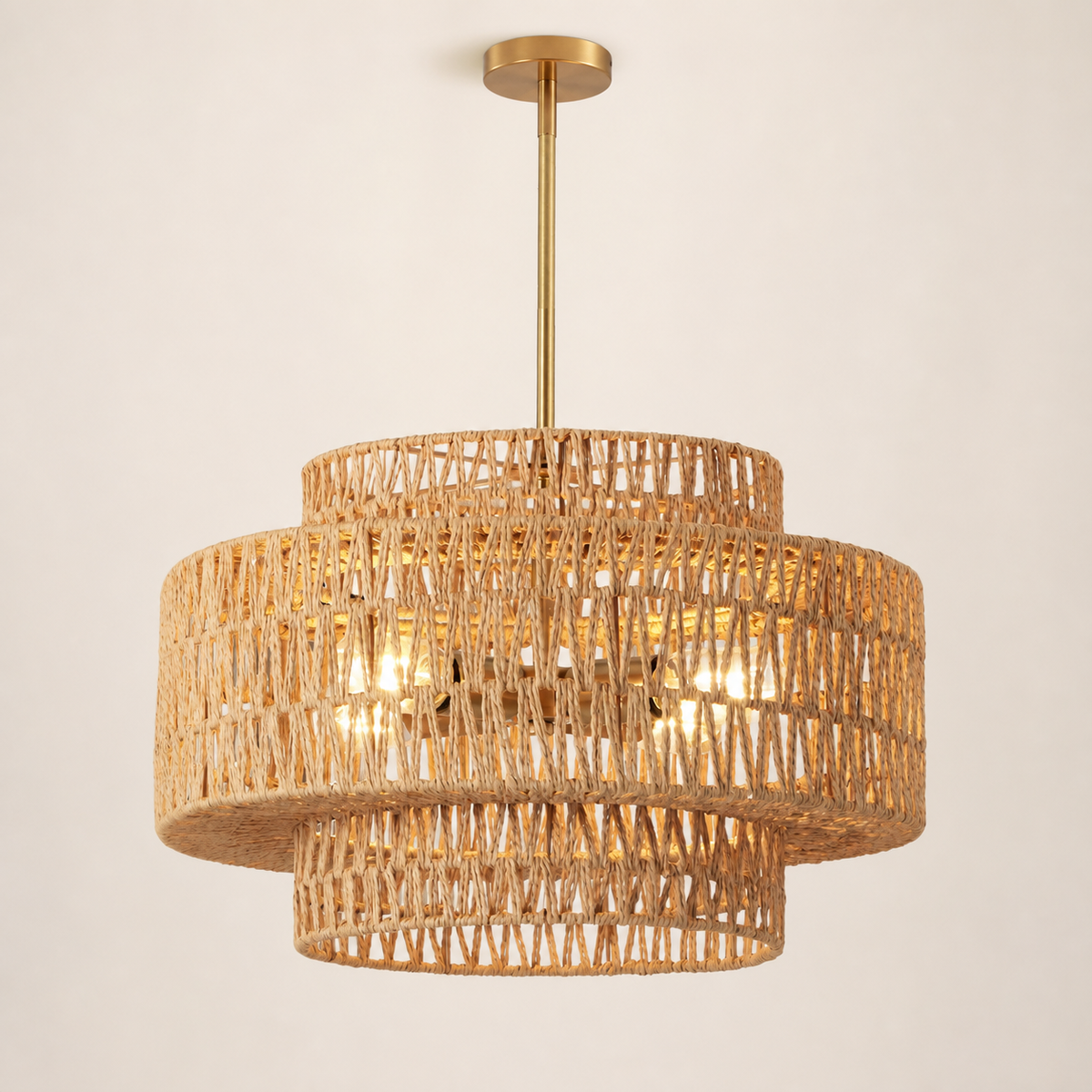 Resto Glow AI product image 2026-08-03 — clean background — 17.7-Inch Brown Rattan 4-Light Chandelier — Restaurant Dining