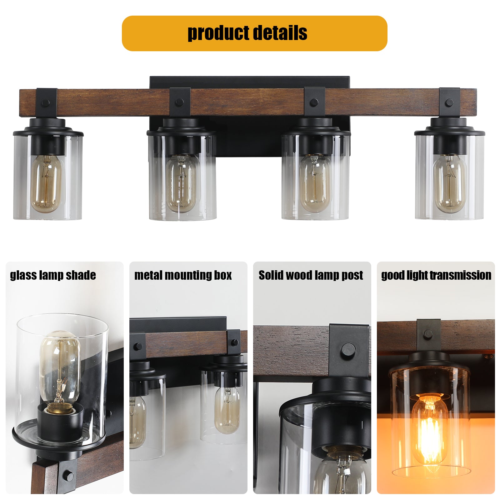 Rustic 4-Light Glass and Wood Vanity Sconce for Restaurant Restrooms — view 5