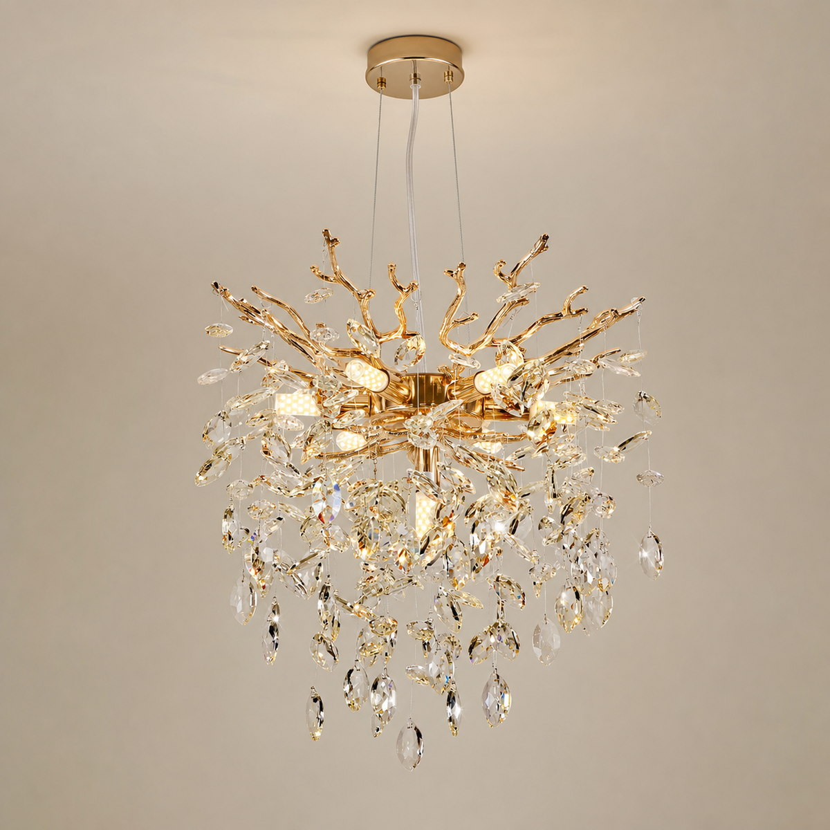 Resto Glow AI product image 2026-08-03 — clean background — 18-Inch Gold Tree-Branch 7-Light Crystal Chandelier for Restaurant Dining Rooms