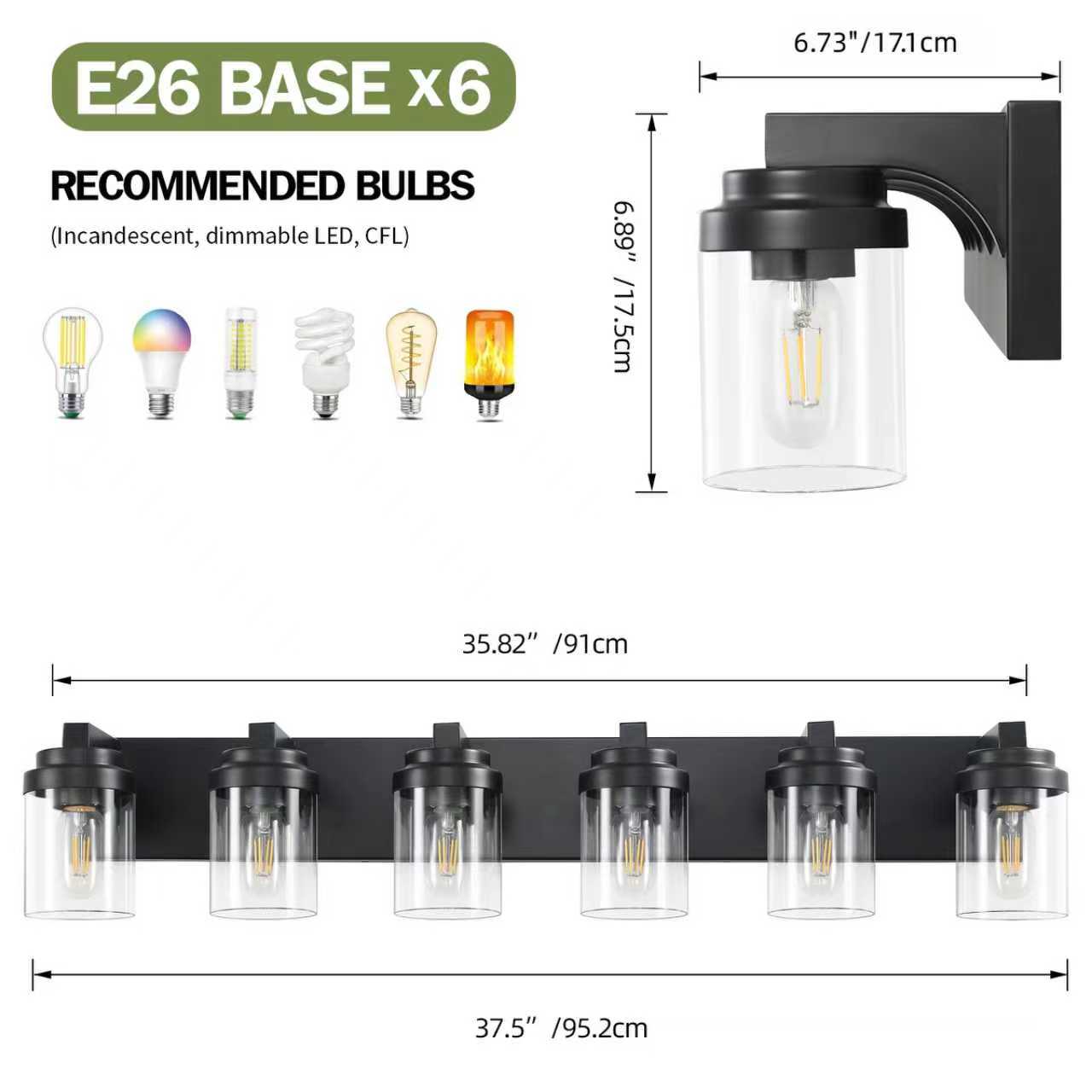 Black 6-Light Clear-Glass Vanity Light — Restaurant Washroom — view 6