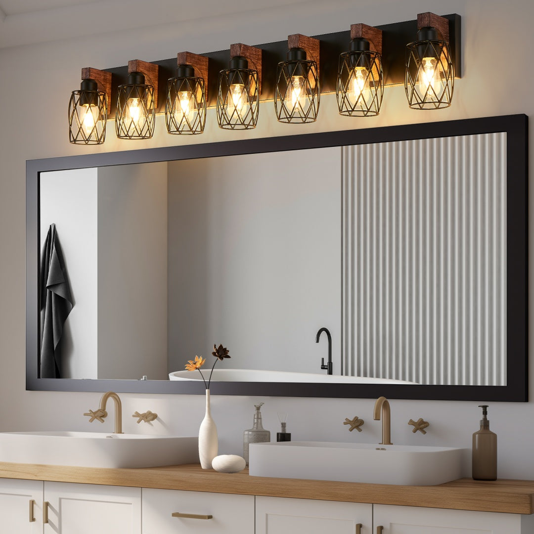 Black Cage 7-Light Wall Sconce with Wood Accents for Restaurant Hallways — view 2
