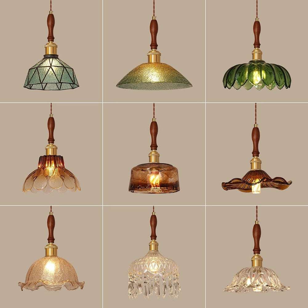 Nordic Retro Restaurant Chandelier Walnut Wood French Brass Glass Pendant Light