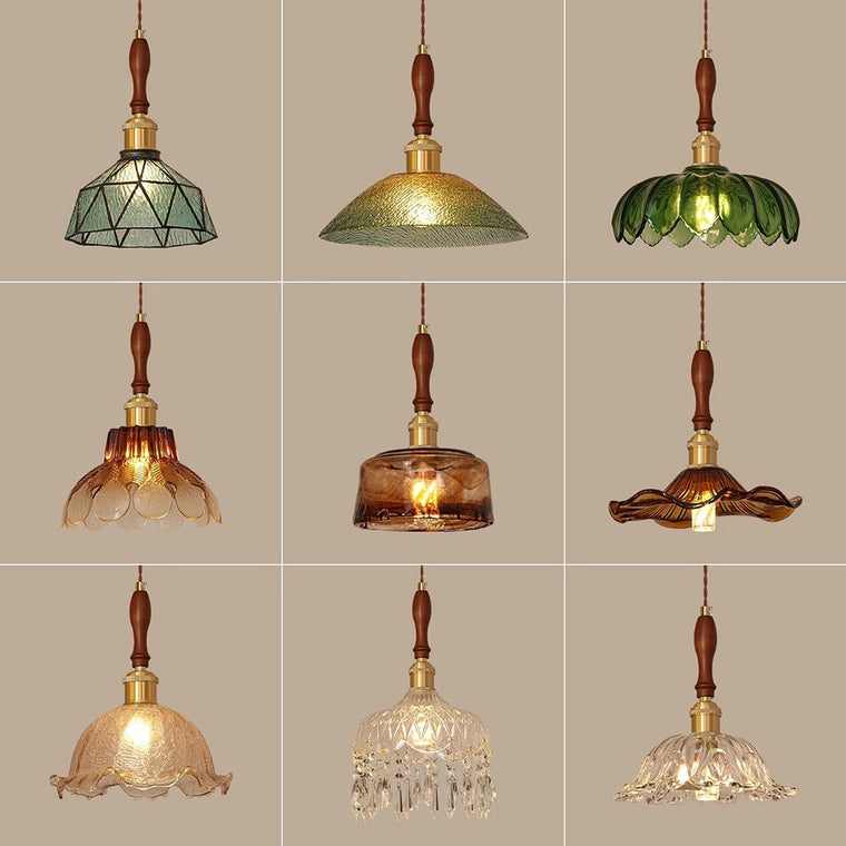 Nordic Retro Restaurant Chandelier Walnut Wood French Brass Glass Pendant Light