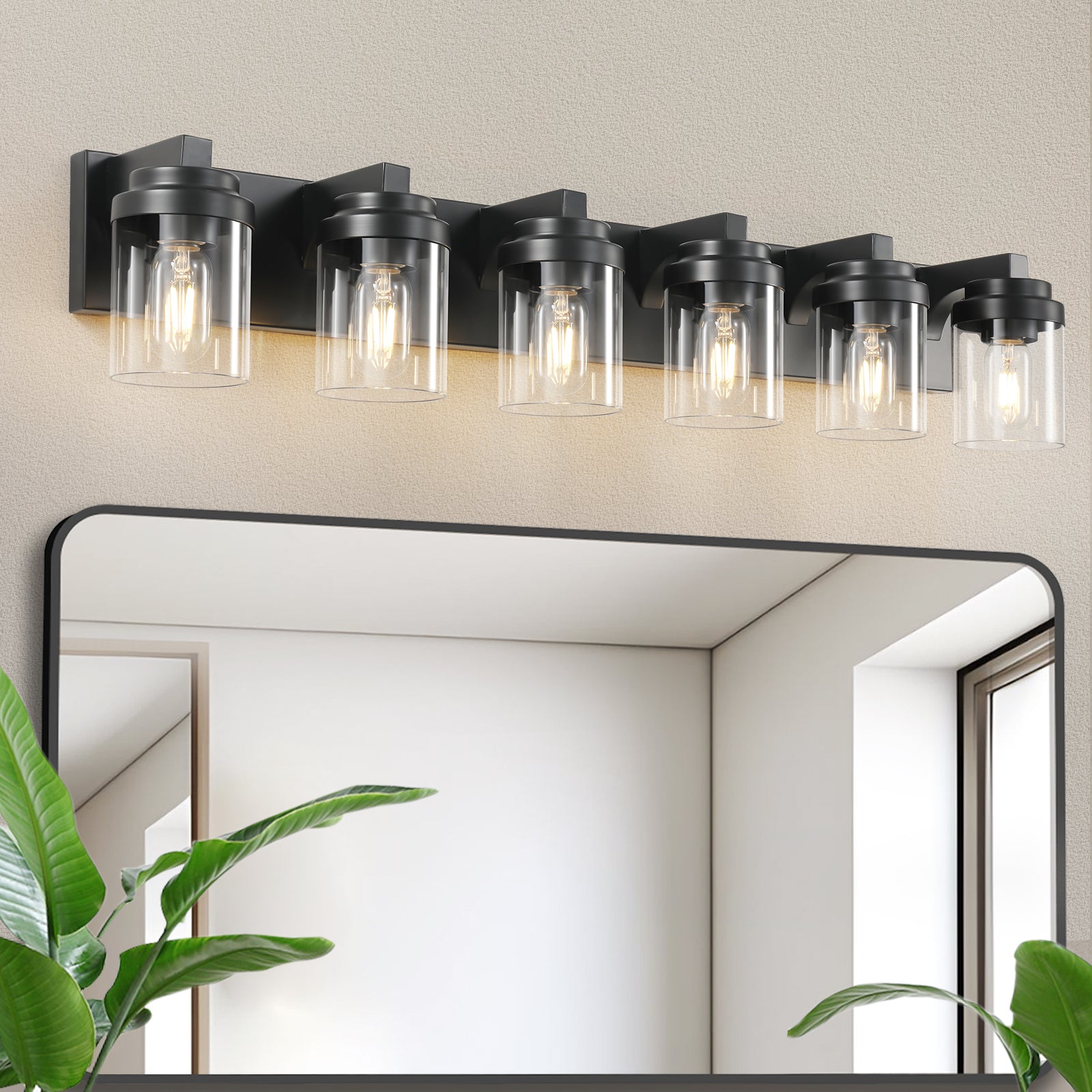 Black 6-Light Clear-Glass Vanity Light — Restaurant Washroom — view 1