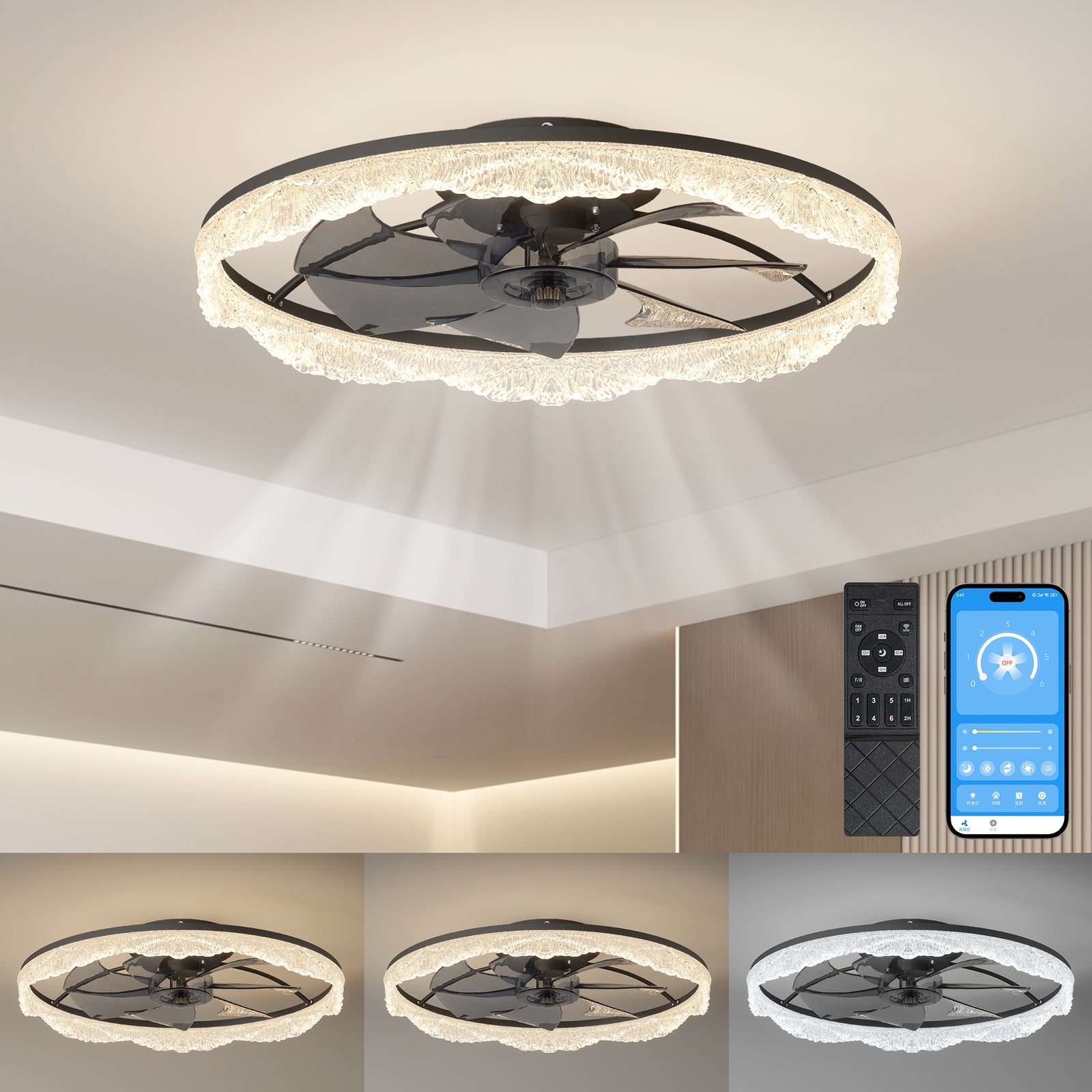 Black 24-Inch Flush Ceiling Fan Light — Quiet Restaurant Dining — view 1