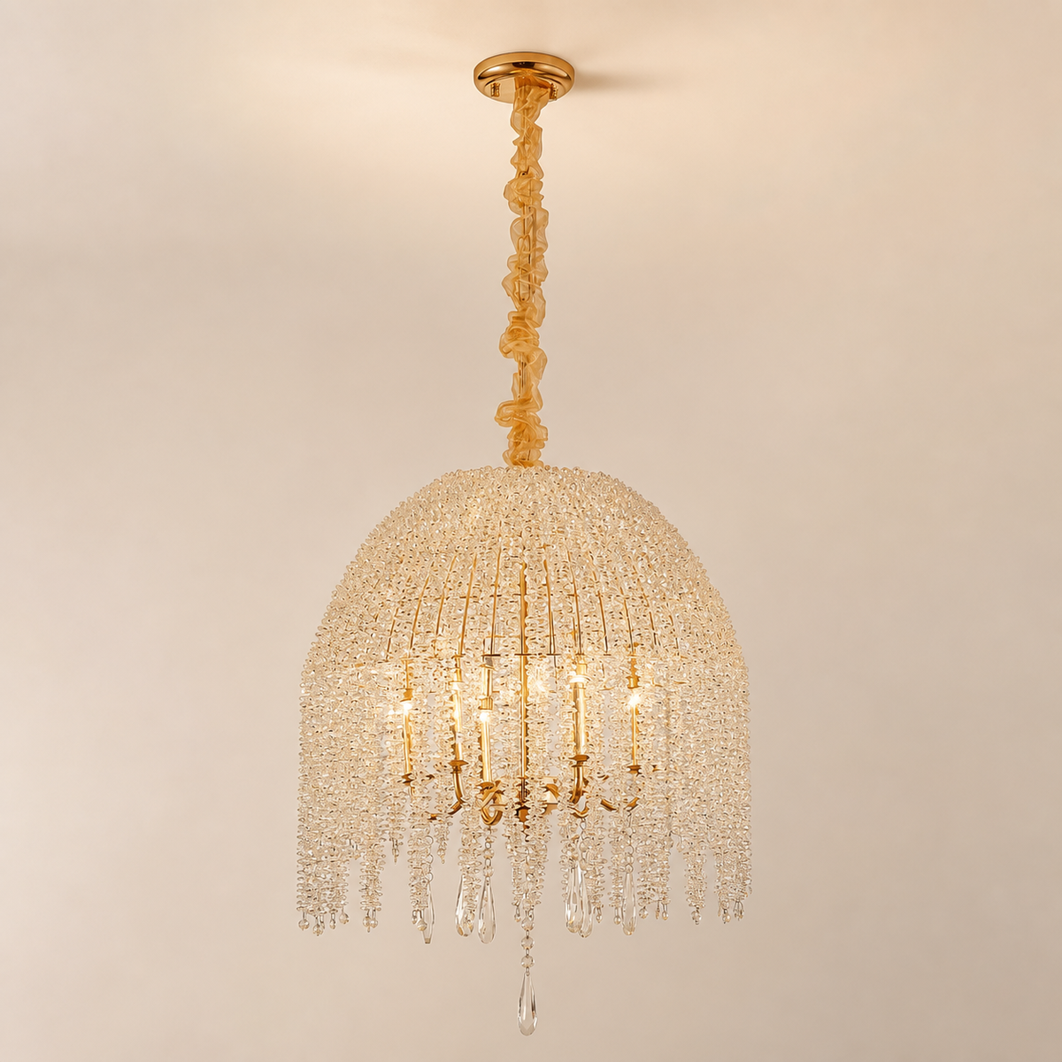 Resto Glow AI product image 2026-08-03 — clean background — 20-Inch Gold 6-Light K9 Crystal Waterfall Chandelier for Restaurant Dining Areas