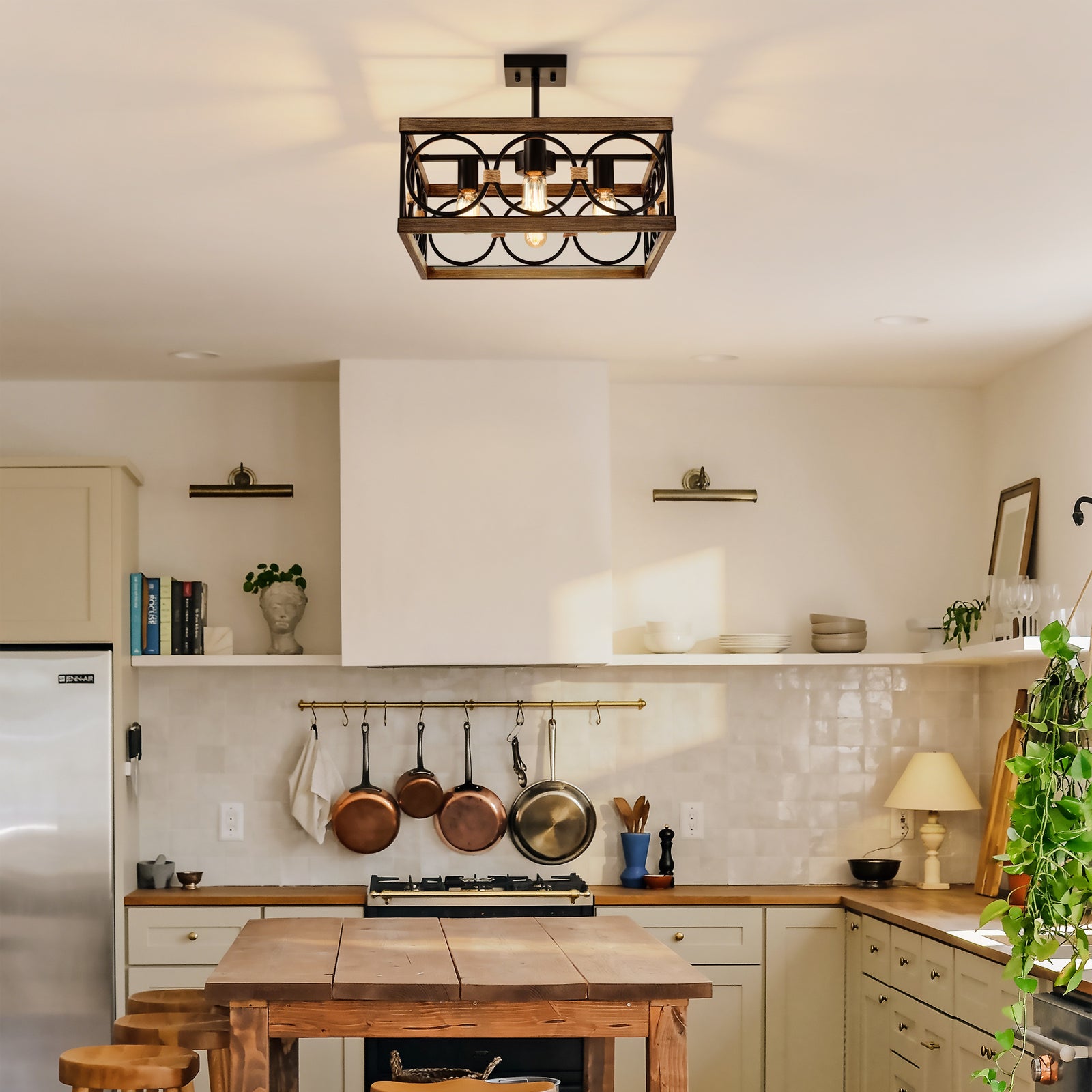 Wood and Black Metal 4-Light Square Ceiling Fixture for Restaurant Islands — view 4