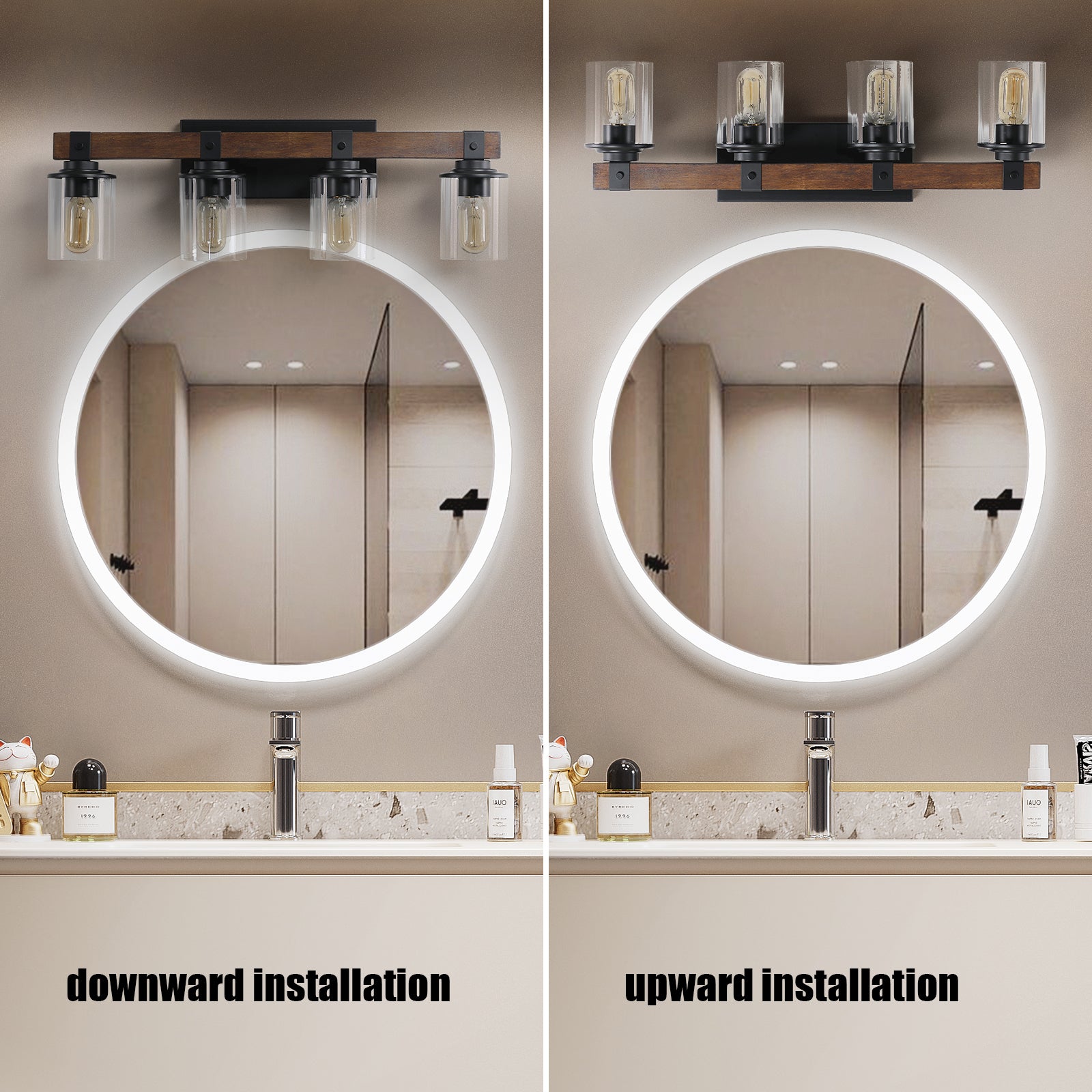 Rustic 4-Light Glass and Wood Vanity Sconce for Restaurant Restrooms — view 3
