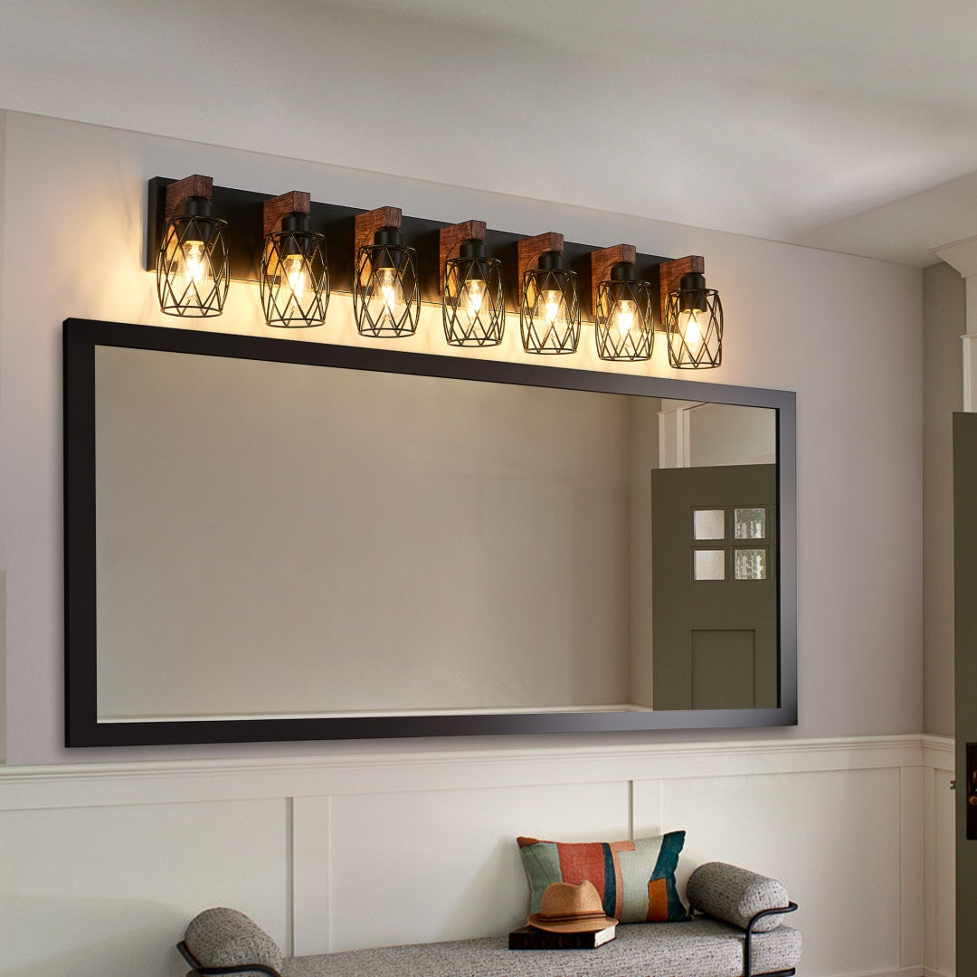 Black Cage 7-Light Wall Sconce with Wood Accents for Restaurant Hallways — view 3