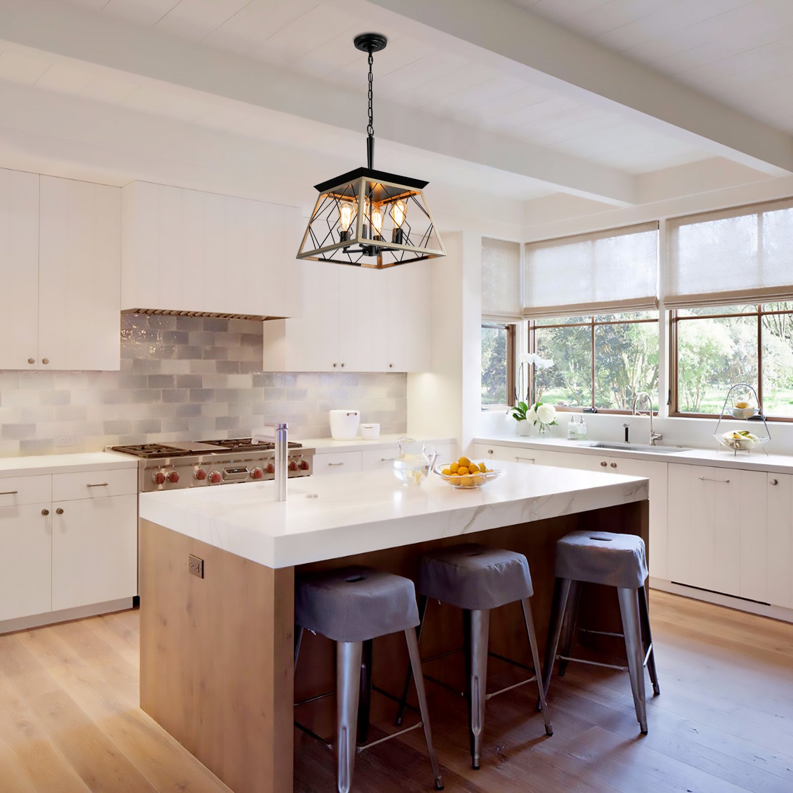 Oak Finish 4-Light Cage Pendant for Restaurant Tables and Bar Counters — view 5