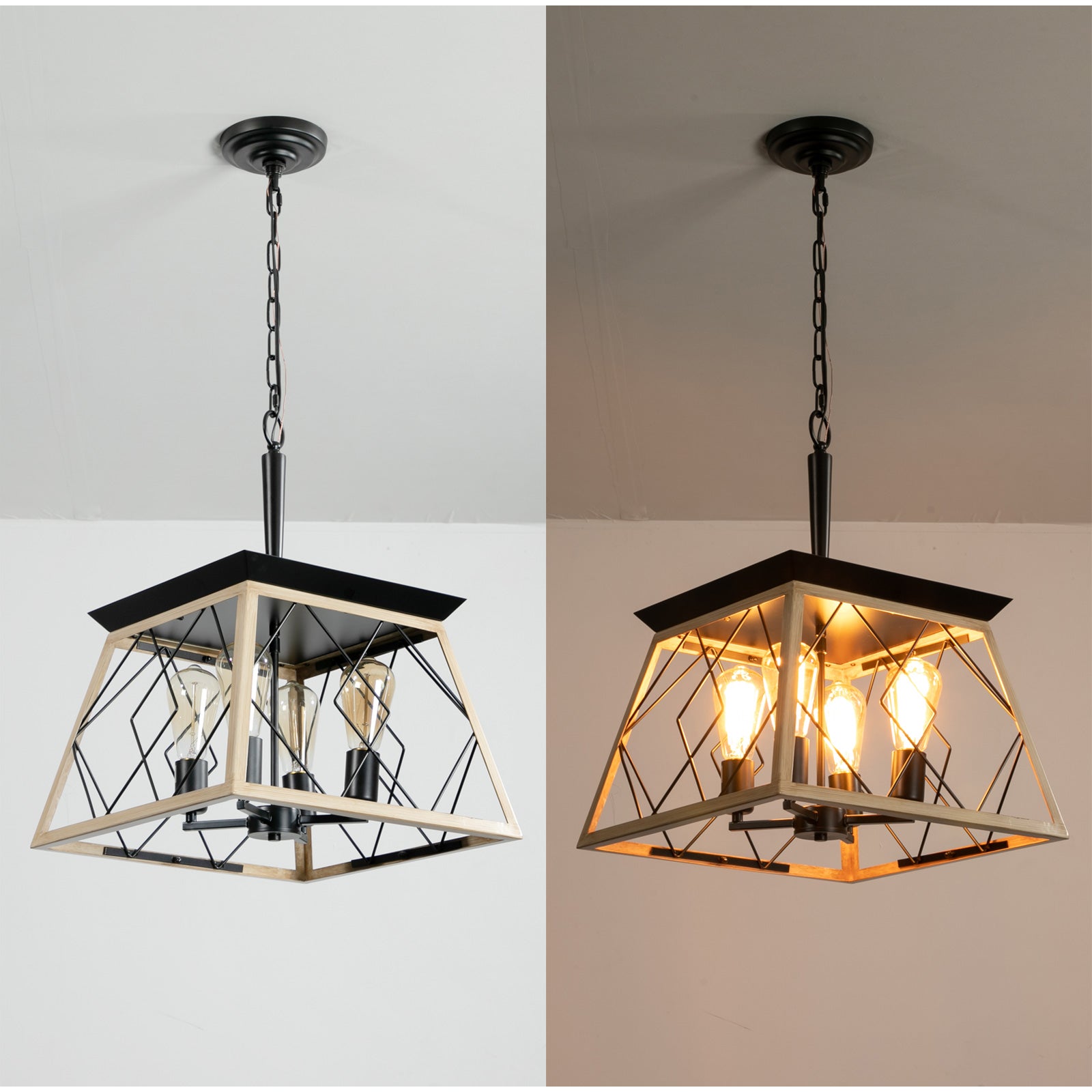 Oak Finish 4-Light Cage Pendant for Restaurant Tables and Bar Counters — view 10