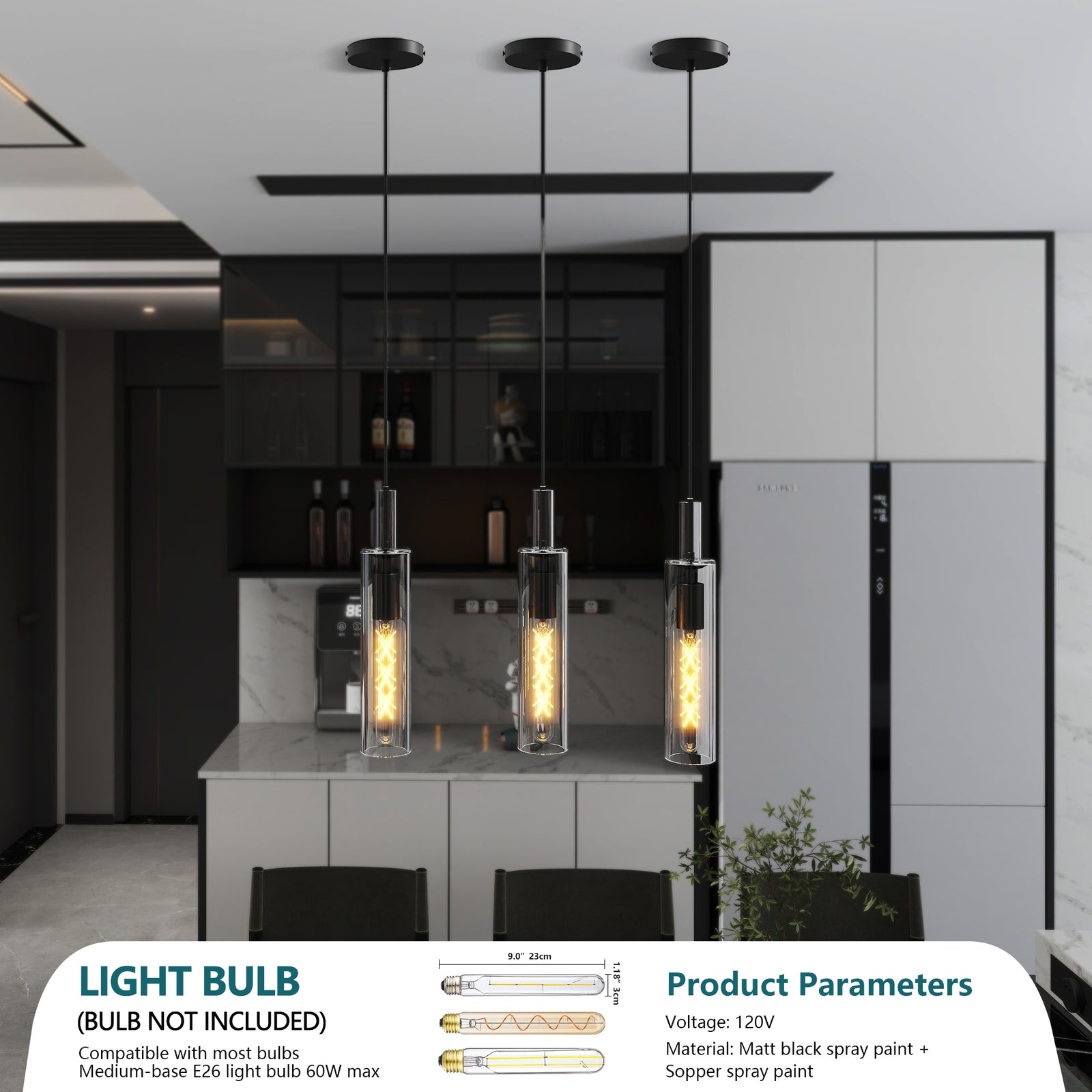 3-Pack Black Glass Pendant Lights for Restaurant Kitchen Islands and Dining Tables — view 4