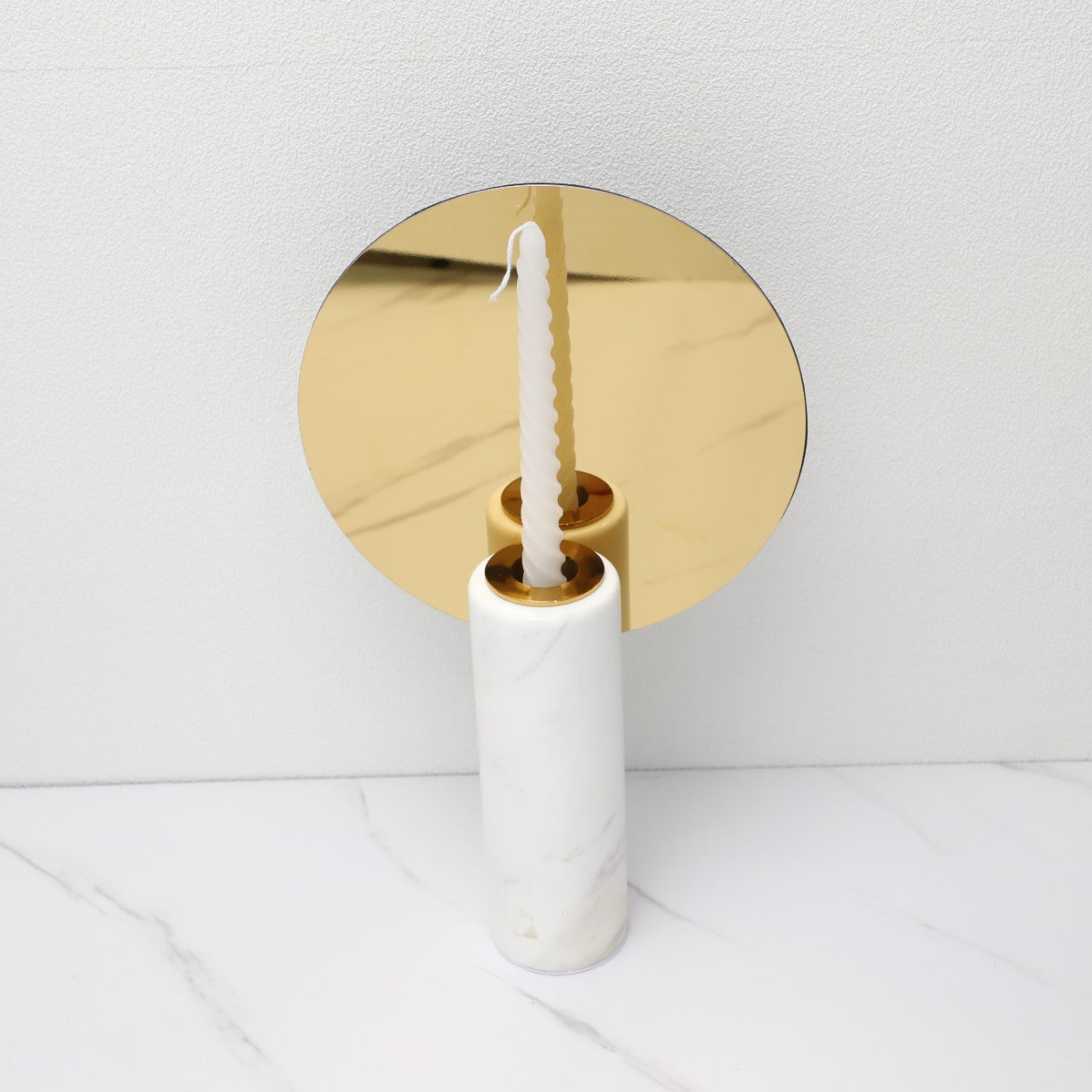 Sleek Gold Marble Metal Round Mirror Candle Holder — view 4