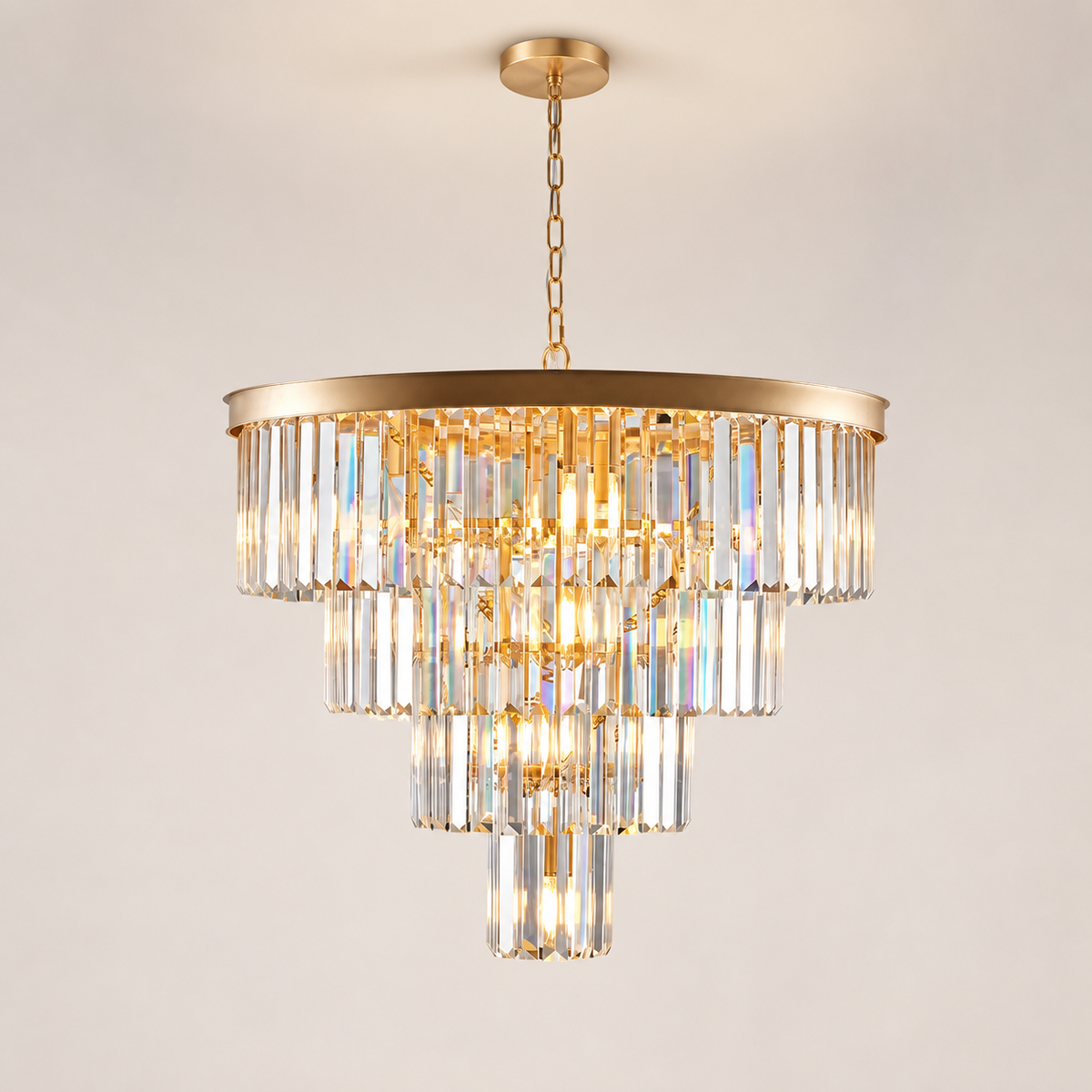 Resto Glow AI product image 2026-08-03 — clean background — 24-Light Four-Tier Golden Crystal Chandelier — Restaurant Dining