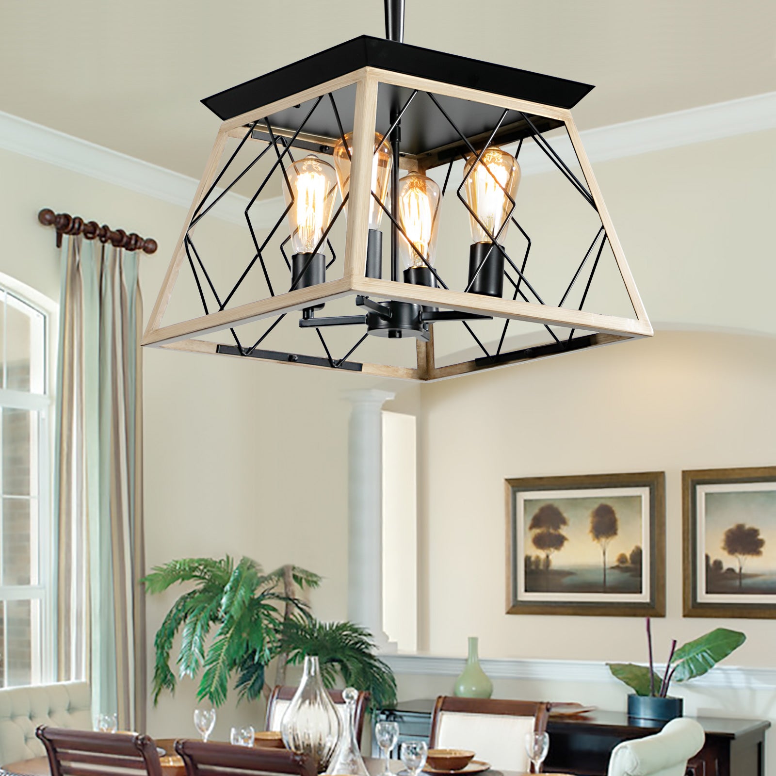 Oak Finish 4-Light Cage Pendant for Restaurant Tables and Bar Counters — view 8