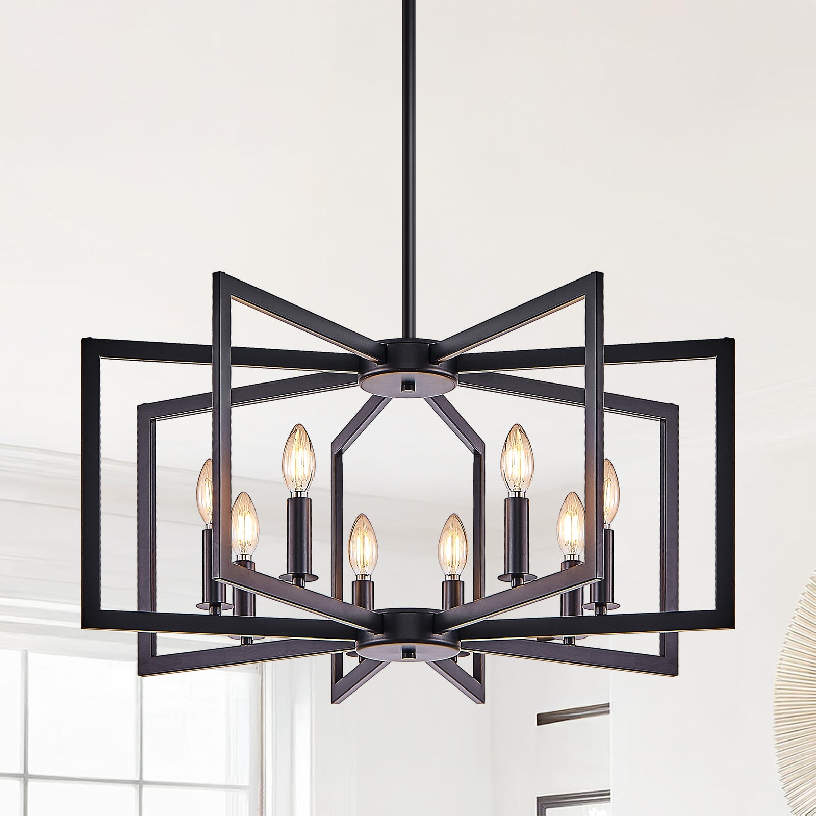 Eight-Light Black Geometric Metal Chandelier for Restaurant Dining Tables, Lounge Seating, and Statement Interior Illumination — view 1