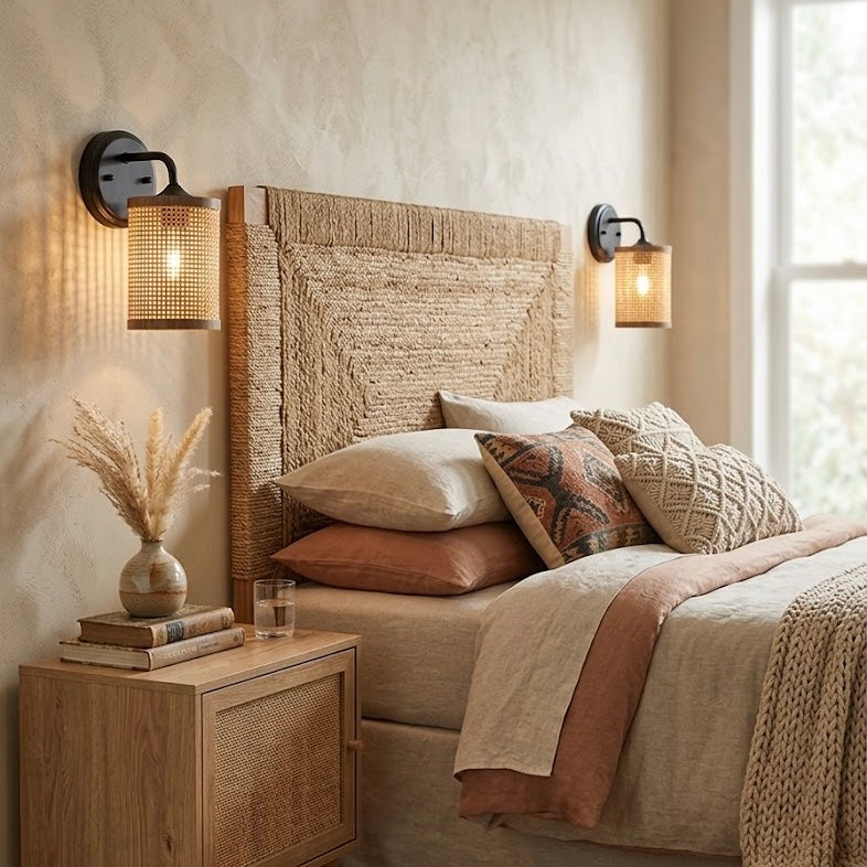 Black Rattan Wall Sconce — Restaurant Accent — view 3