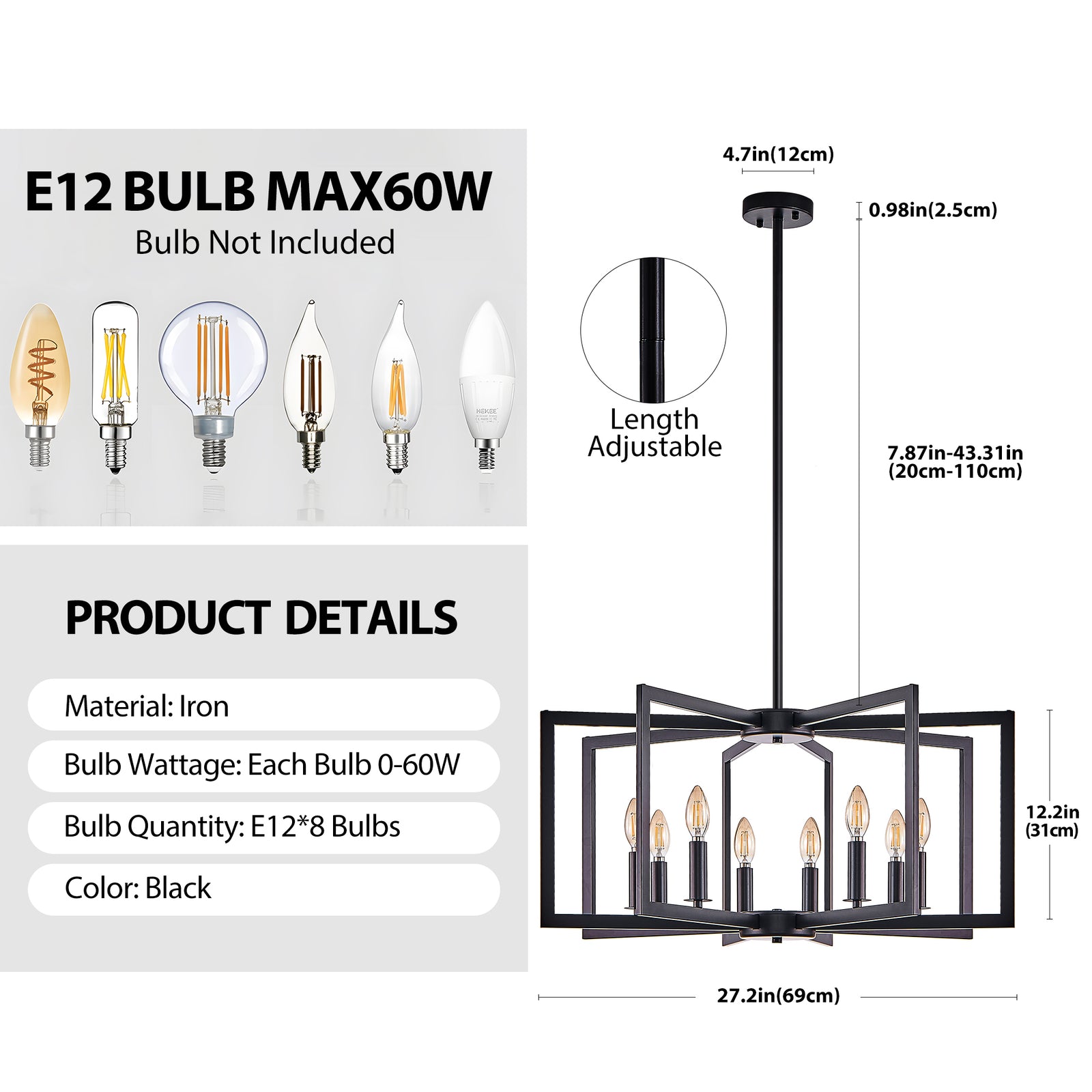 Eight-Light Black Geometric Metal Chandelier for Restaurant Dining Tables, Lounge Seating, and Statement Interior Illumination — view 10