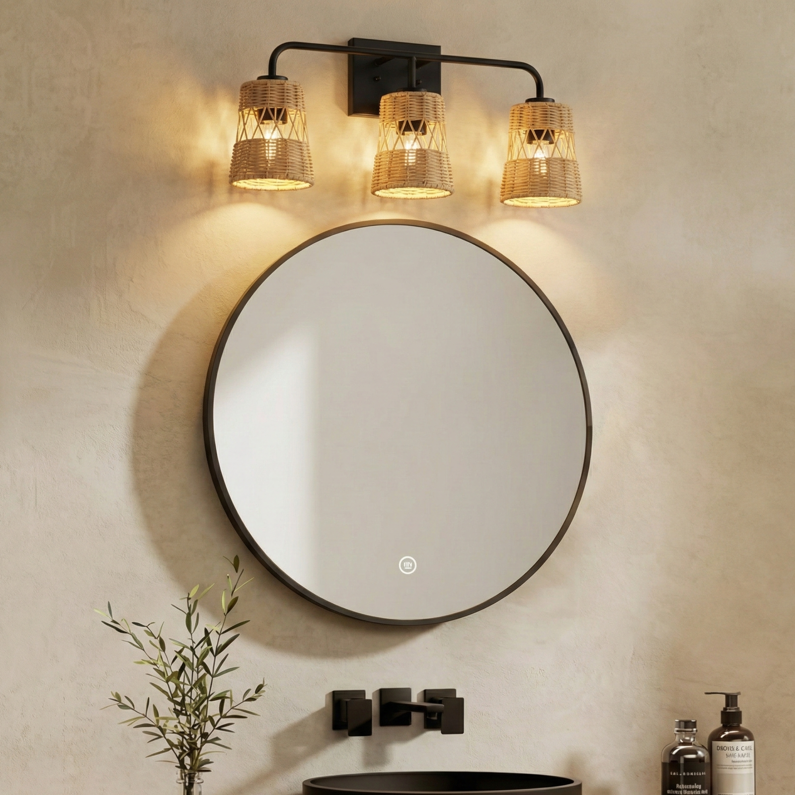 Three-Light Rattan Shade Wall Sconce for Restaurant Restrooms and Dining Corridors — view 3
