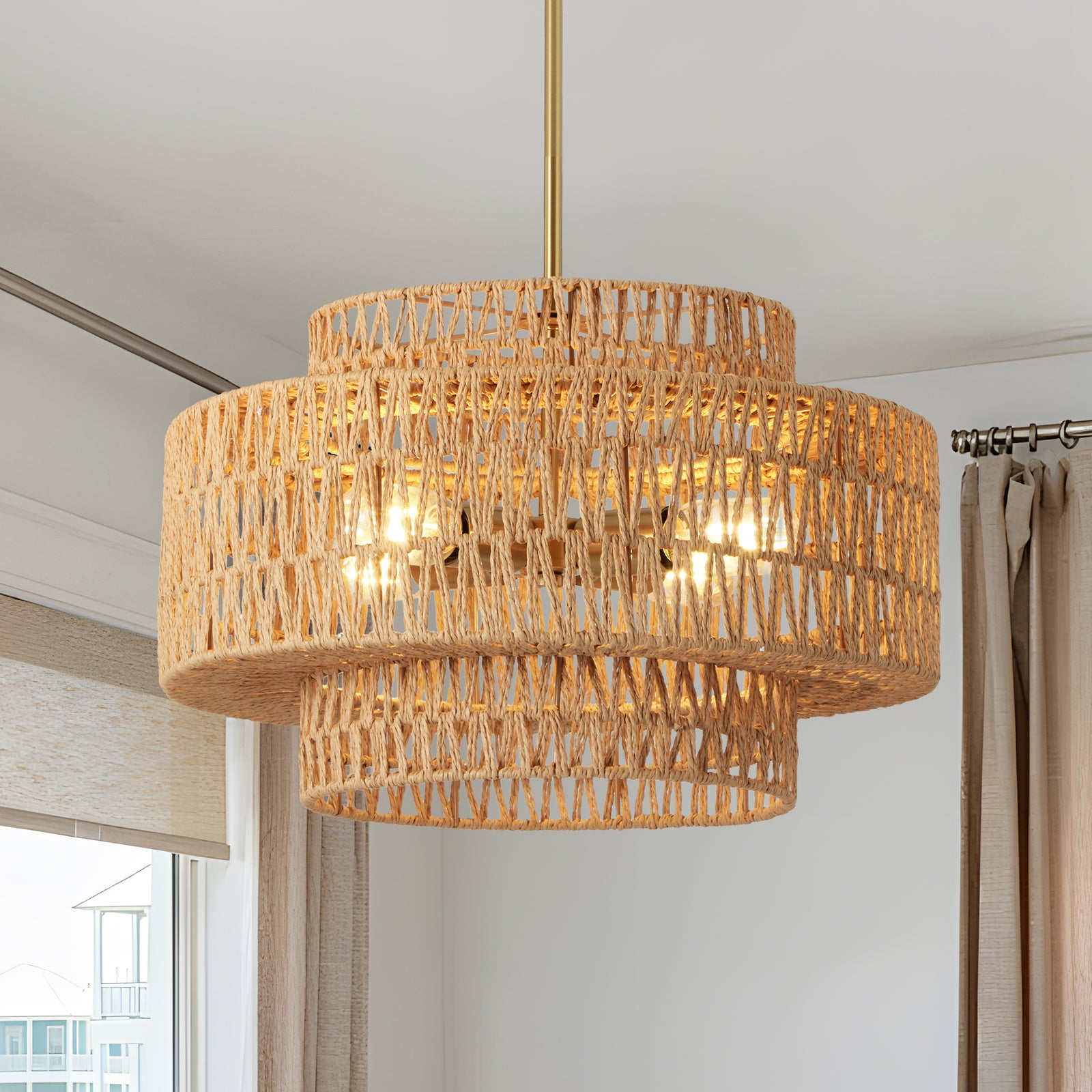 17.7-Inch Brown Rattan 4-Light Chandelier — Restaurant Dining — view 1