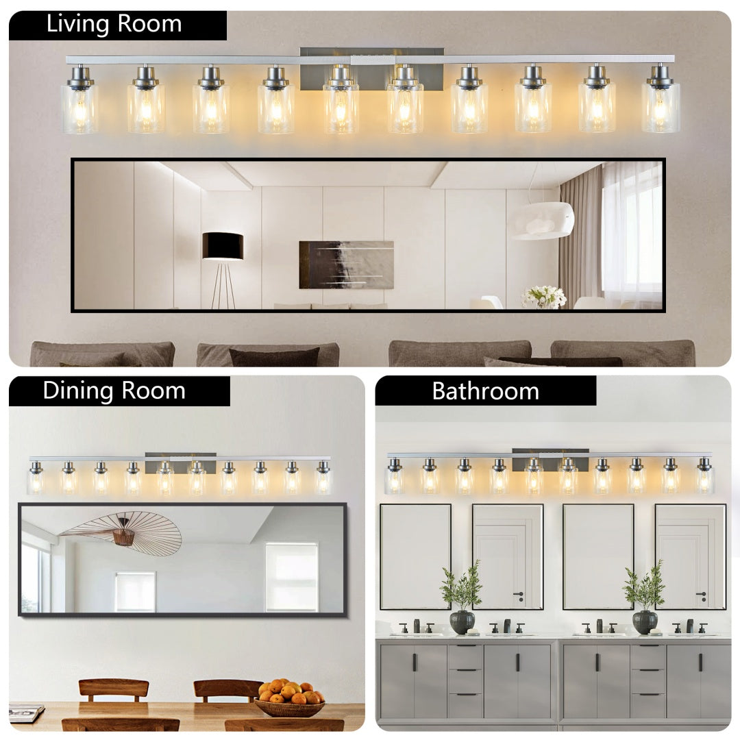 Brushed-Nickel 10-Light Clear-Glass Vanity — Restaurant Washroom — view 9