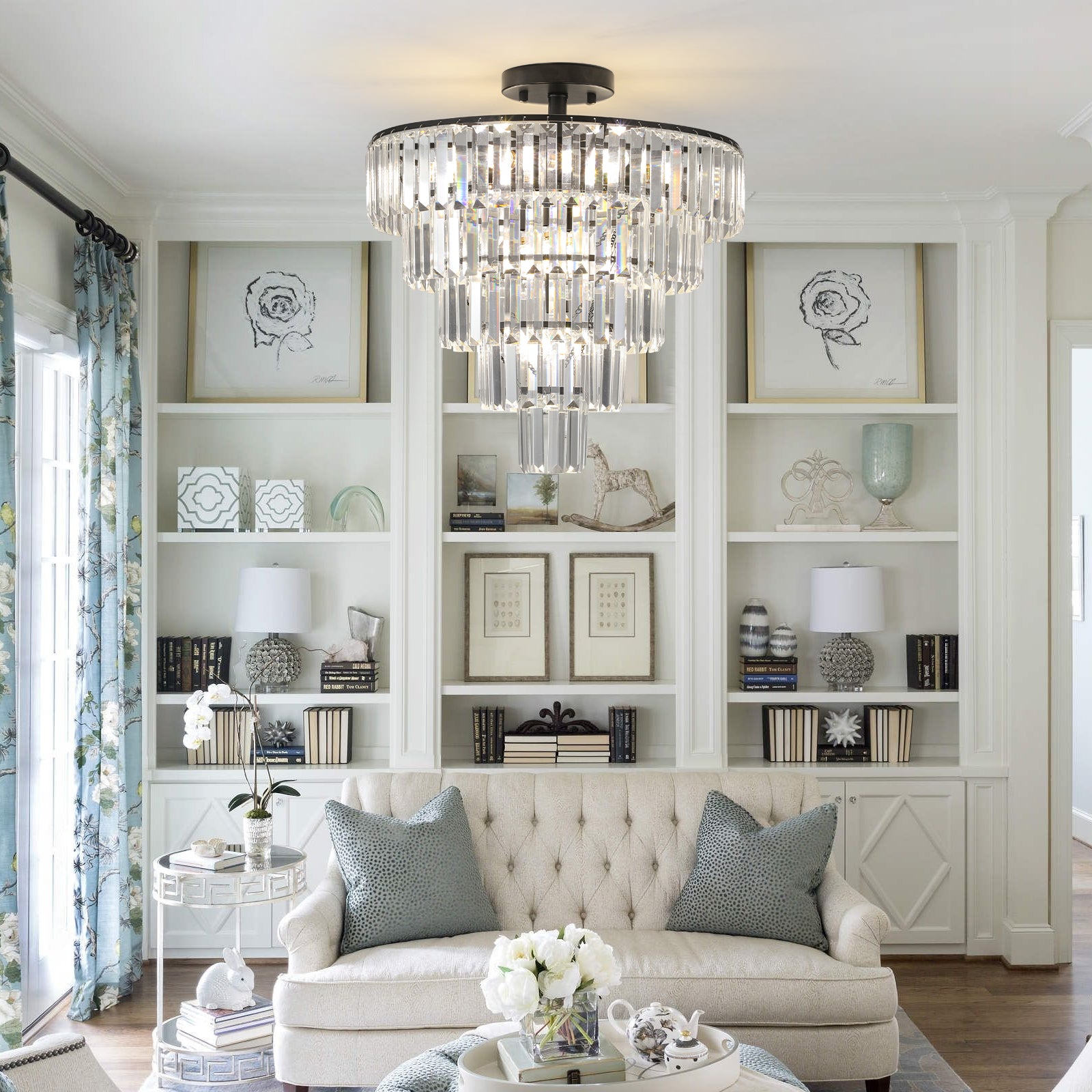 Modern Black 10-Light Crystal Flush-Mount Chandelier for Restaurant Dining Rooms — view 3
