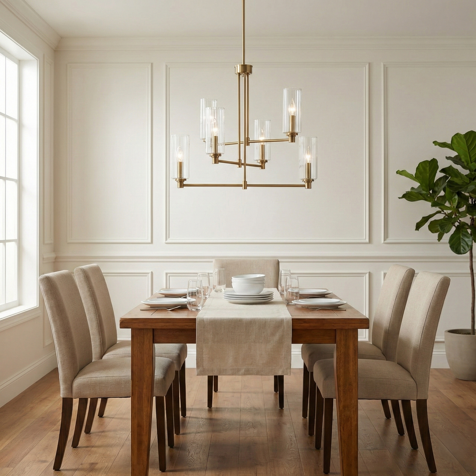 Satin Brass 6-Light Ribbed Glass Chandelier for Restaurant Dining Rooms — view 5