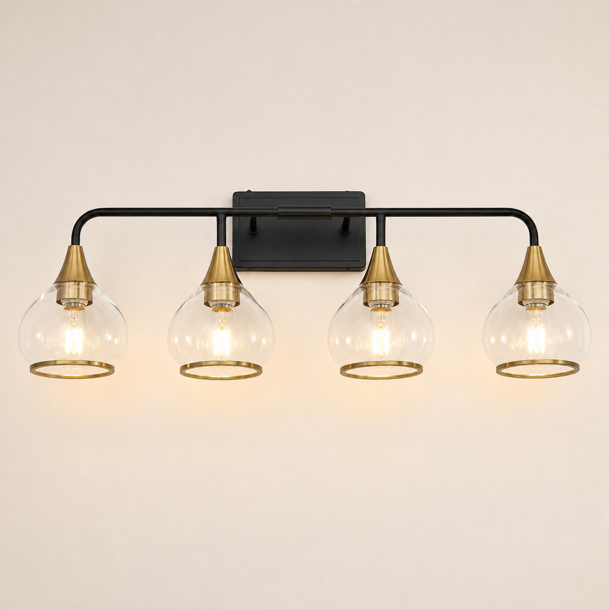 Resto Glow AI product image 2026-08-03 — clean background — 31-Inch Black and Gold 4-Light Glass Wall Sconce for Restaurant Restrooms and Hallways