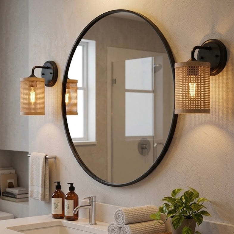 Black Rattan Wall Sconce — Restaurant Accent — view 2