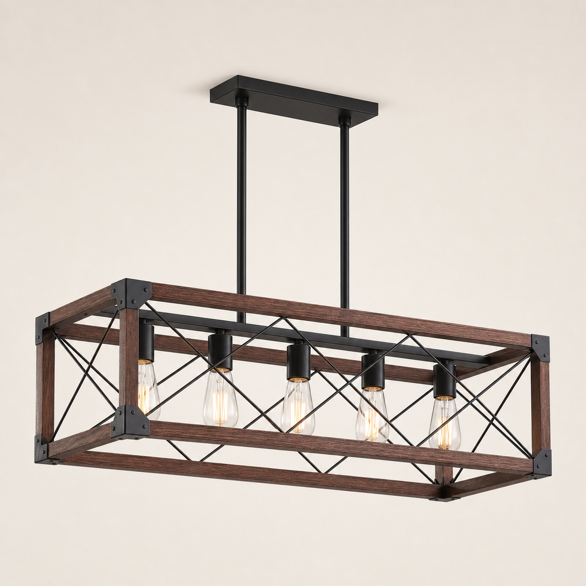 Resto Glow AI product image 2026-08-03 — clean background — 32-Inch Red-Wood Farmhouse Pendant — Restaurant Dining