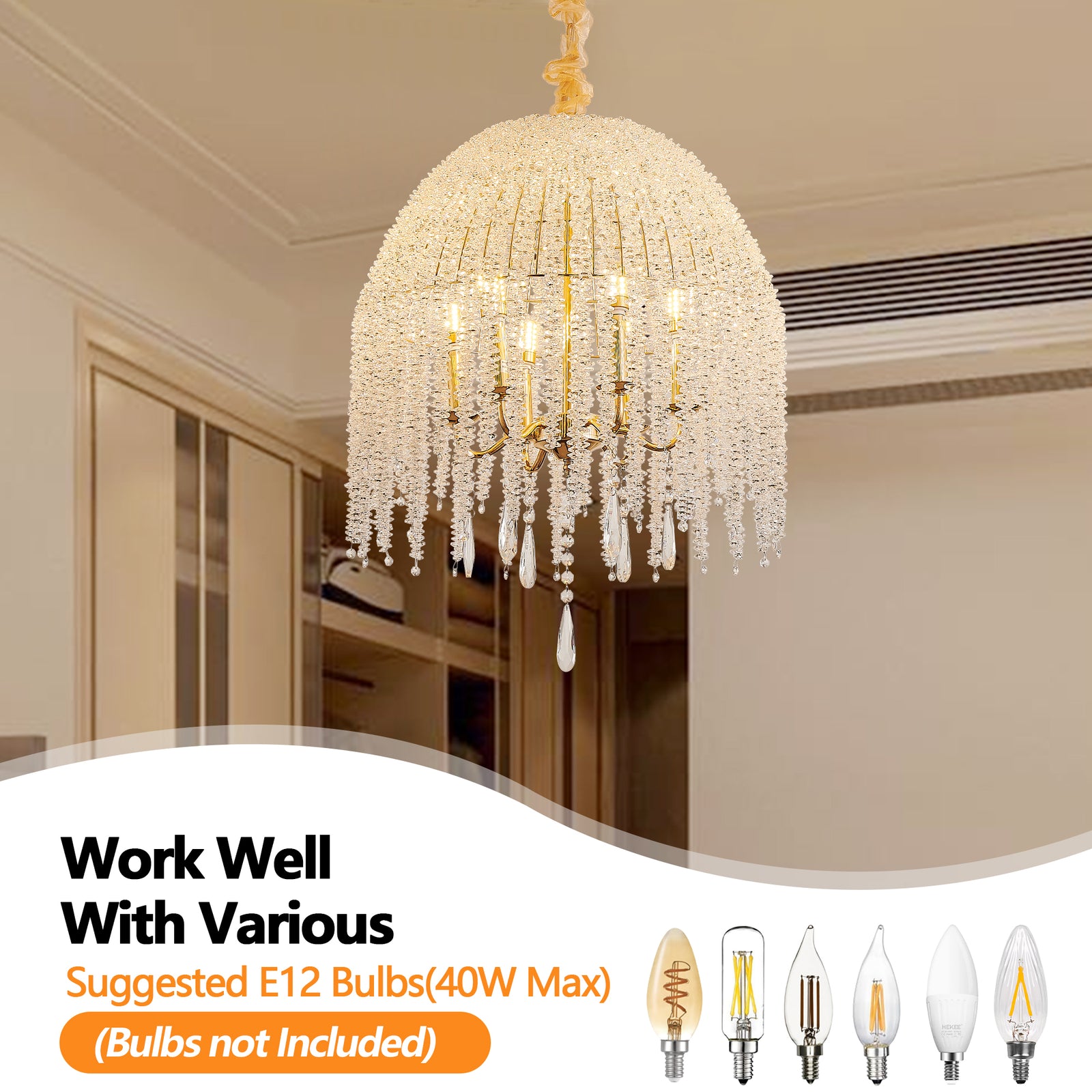 20-Inch Gold 6-Light K9 Crystal Waterfall Chandelier for Restaurant Dining Areas — view 4