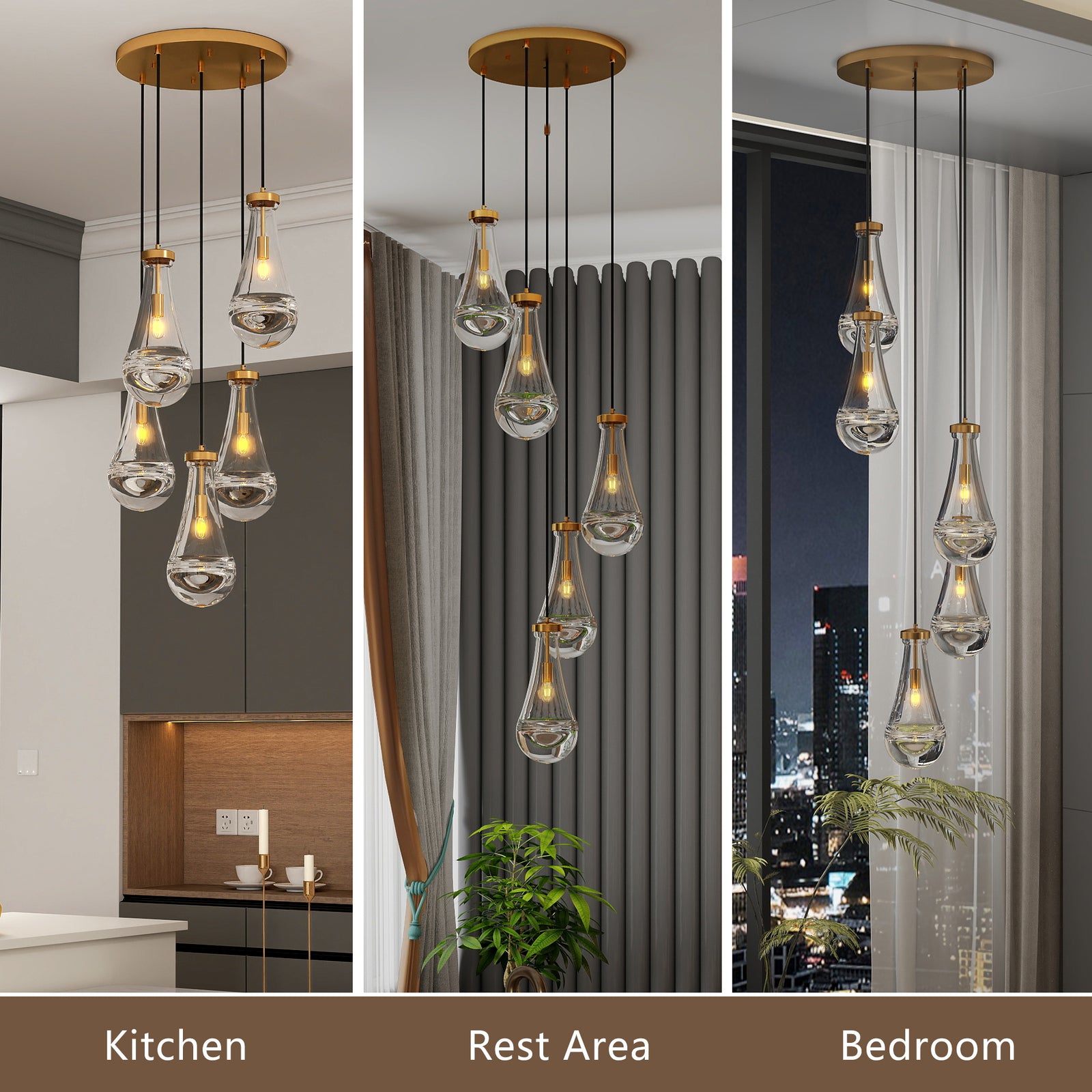 5-Light Brass Cluster Pendant Chandelier — Restaurant Dining — view 10
